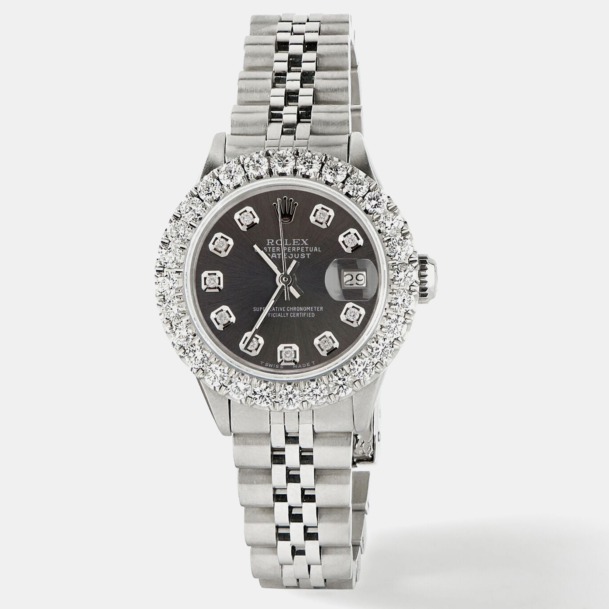 Rolex Customised Grey 2CT Diamond Stainless Steel Datejust  Automatic Women's Wristwatch 26mm