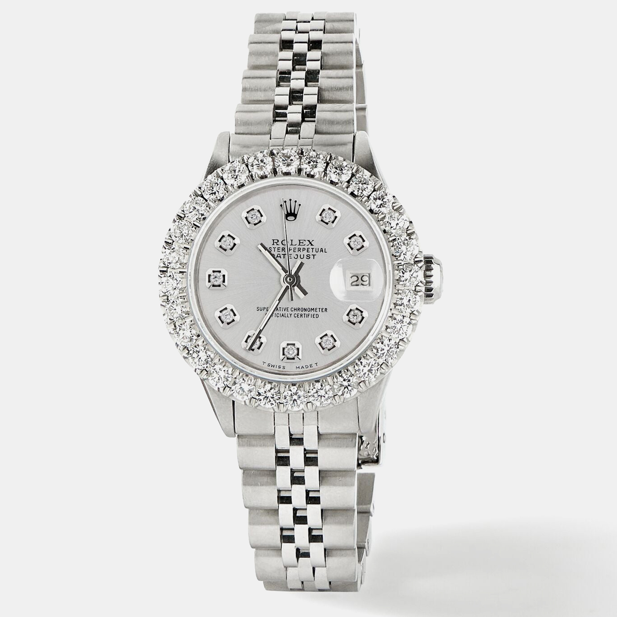 Rolex Customised Silver 2CT Diamond Stainless Steel Datejust  Automatic Women's Wristwatch 26mm