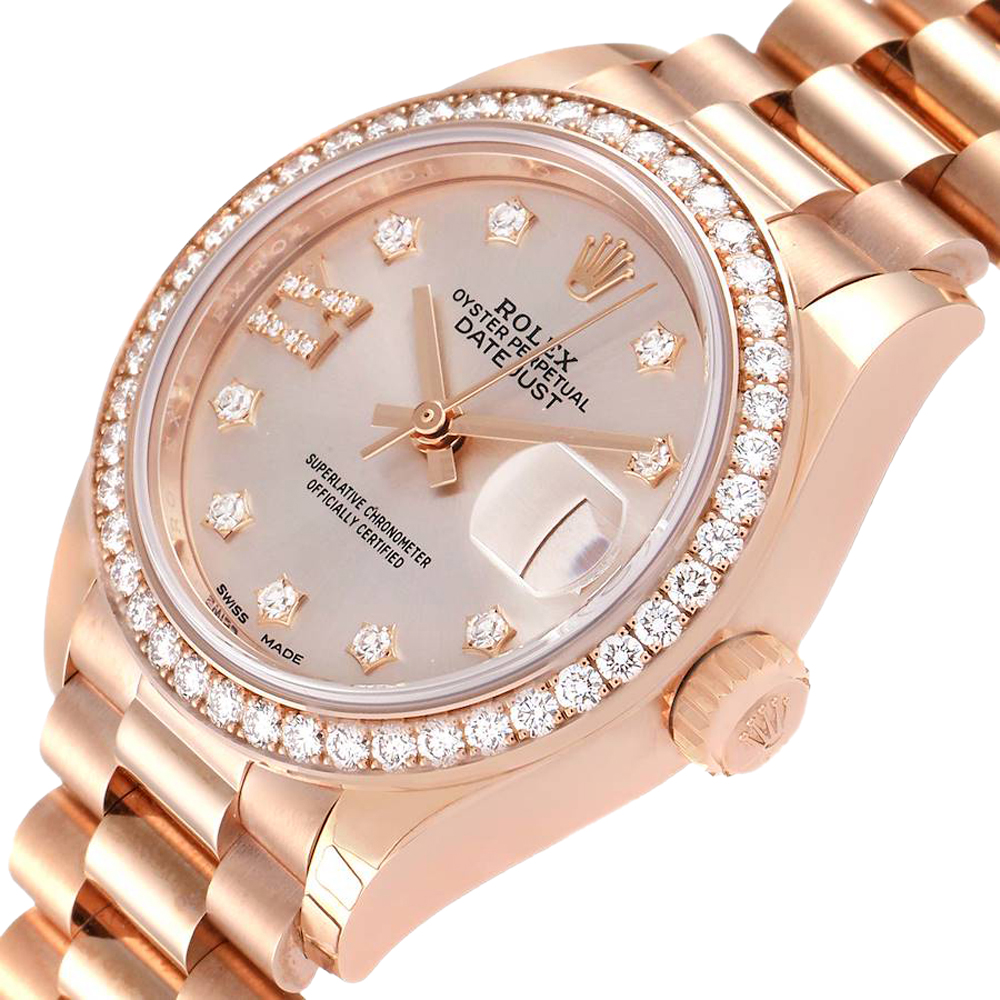 Rolex Salmon Diamonds 18k Rose Gold President 279135 Women's Wristwatch 28 MM, Pink
Rolex Salmon Diamonds 18k Rose Gold President 279135 Women's Wristwatch 28 MM, Pink