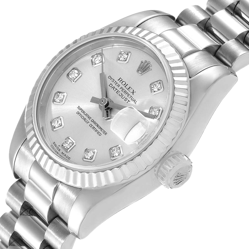 Rolex Silver Diamonds 18K White Gold President 179179 Women's Wristwatch 26 MM
Rolex Silver Diamonds 18K White Gold President 179179 Women's Wristwatch 26 MM