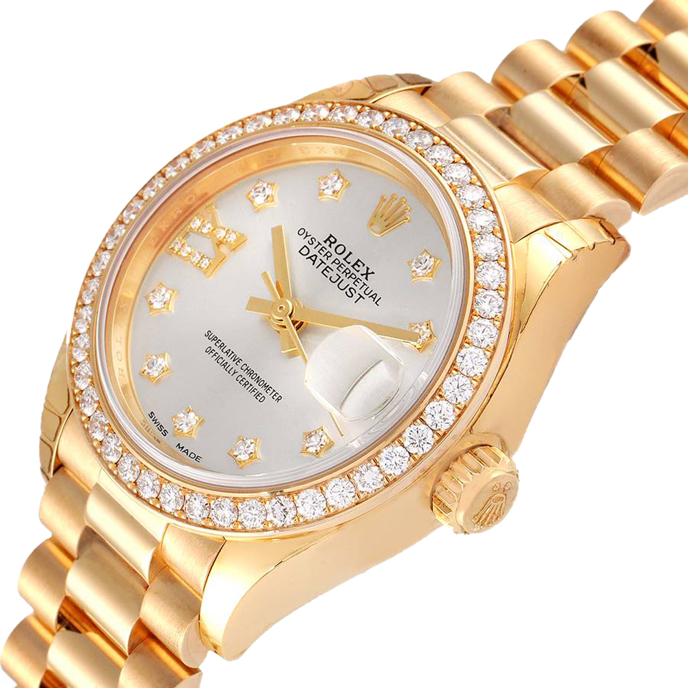 Rolex Silver Diamonds 18K Yellow Gold President 79138 Women's Wristwatch 28 MM
Rolex Silver Diamonds 18K Yellow Gold President 79138 Women's Wristwatch 28 MM