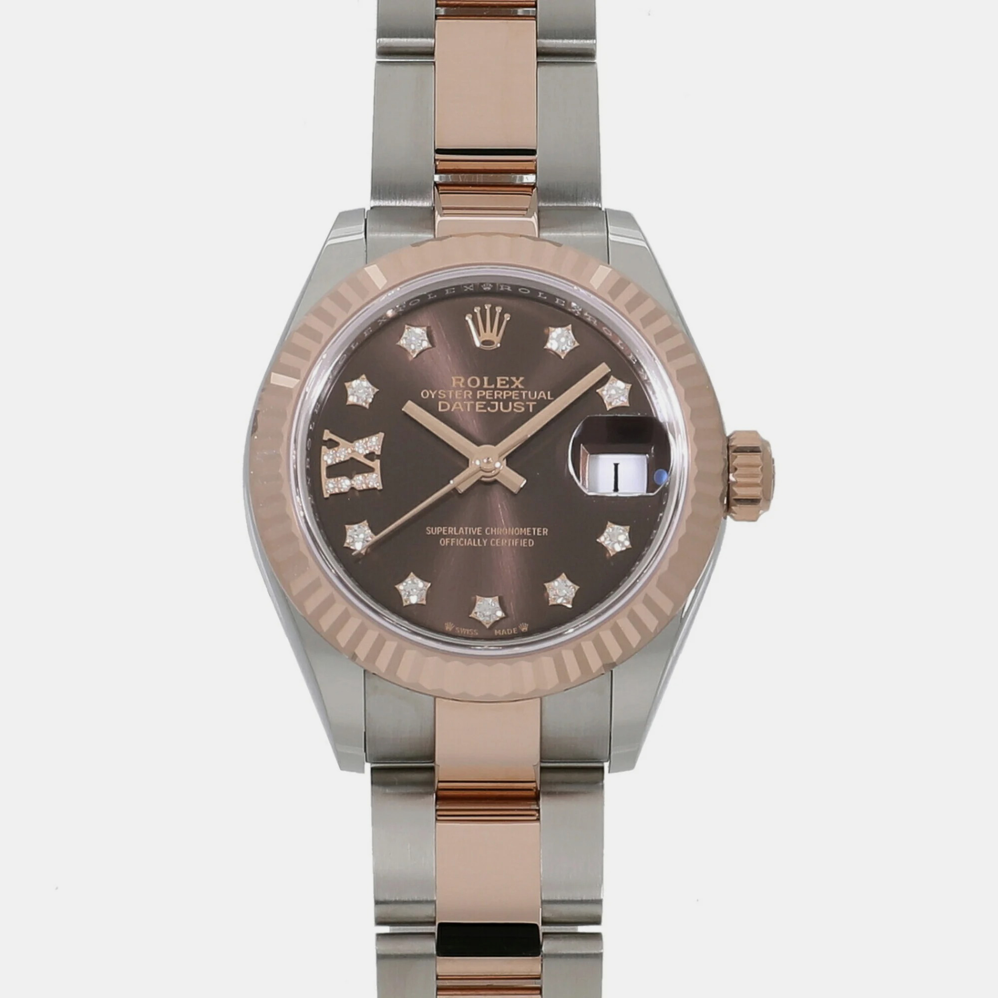 Rolex Brown Diamond 18k Rose Gold And Stainless Steel Datejust 279171 Automatic Women's Wristwatch 28 Mm