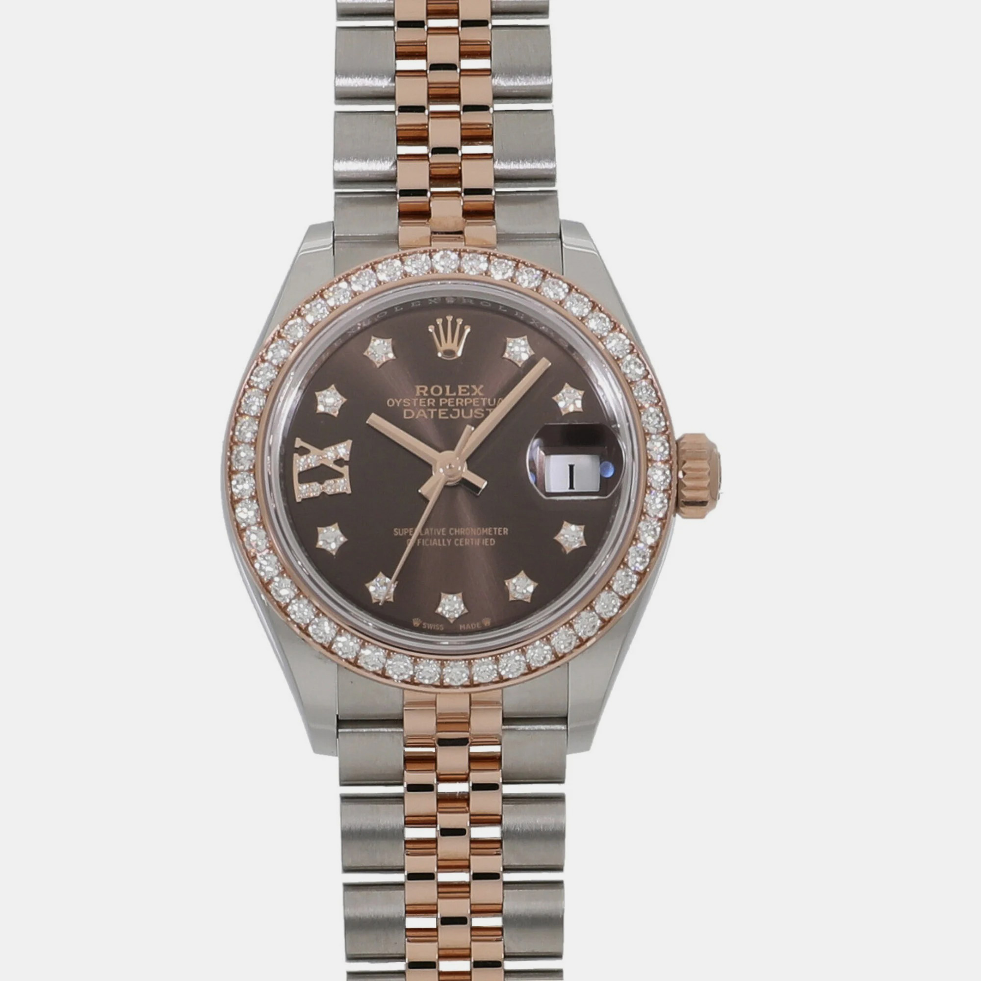 Rolex Brown Diamond 18k Rose Gold And Stainless Steel Datejust 279381RBR Automatic Women's Wristwatch 28 Mm