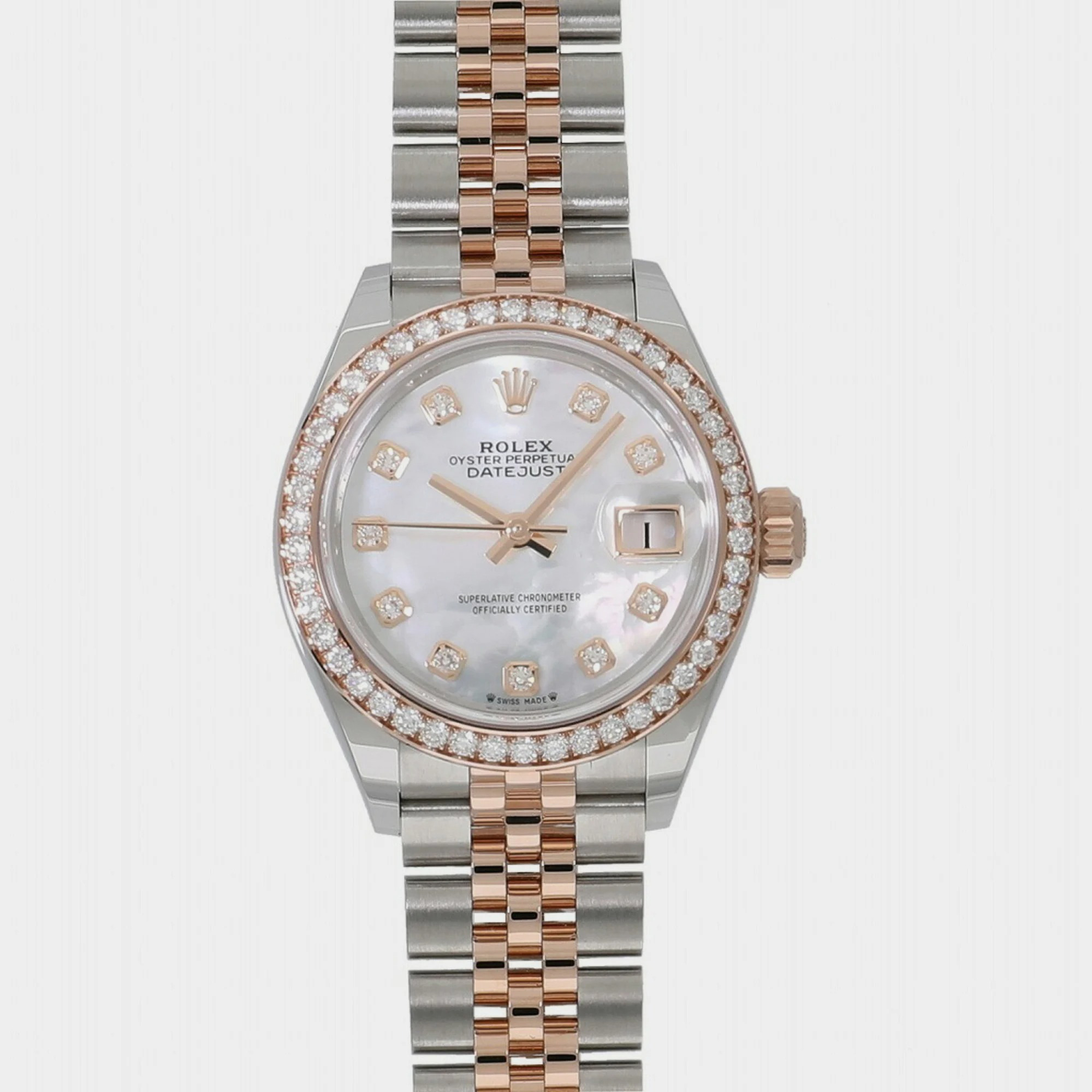 Rolex White Shell 18k Rose Gold And Stainless Steel Datejust 279381RBR Automatic Women's Wristwatch 28 Mm
