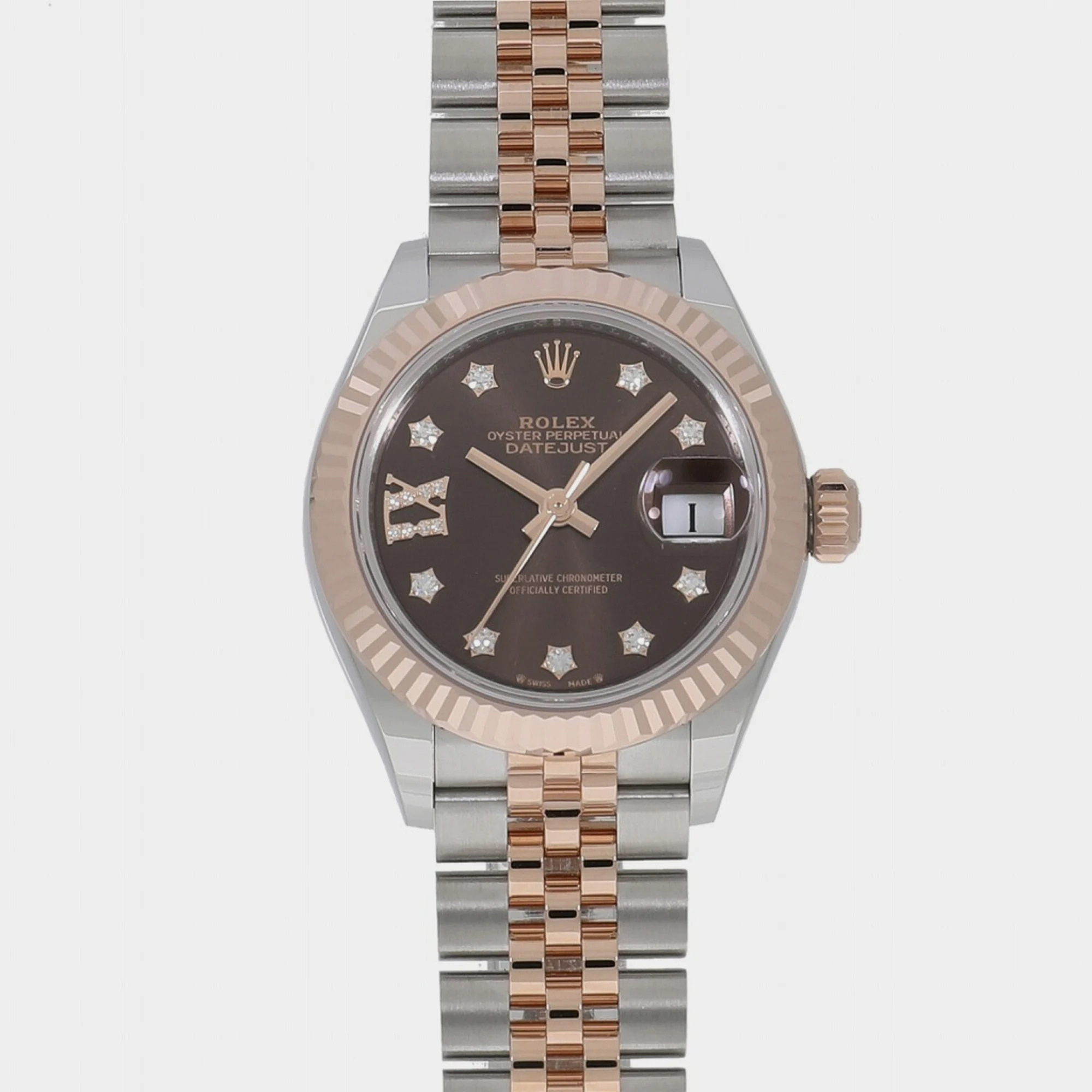 Rolex Brown Diamond 18k Rose Gold And Stainless Steel Datejust 279171 Automatic Women's Wristwatch 28 Mm