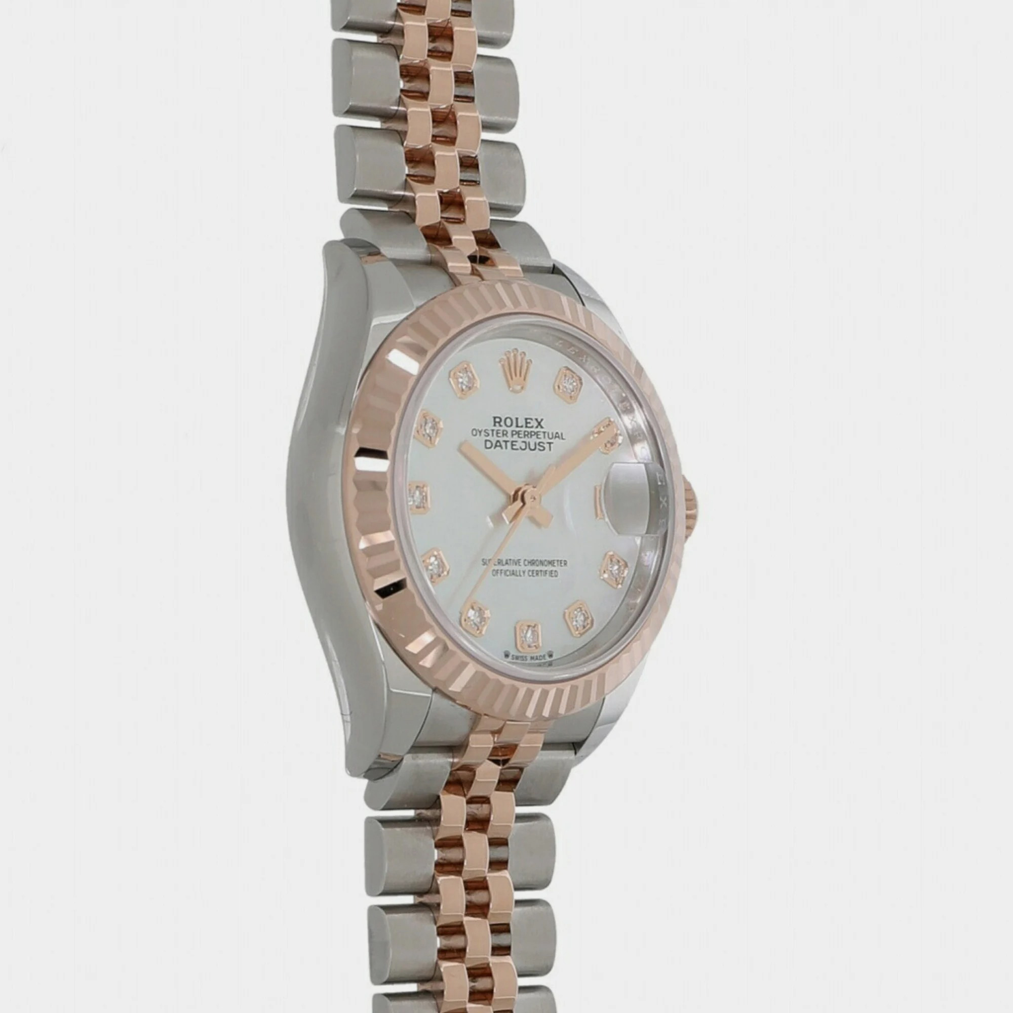 Rolex White Shell Diamond 18k Rose Gold And Stainless Steel Datejust 279171 Automatic Women's Wristwatch 28 Mm