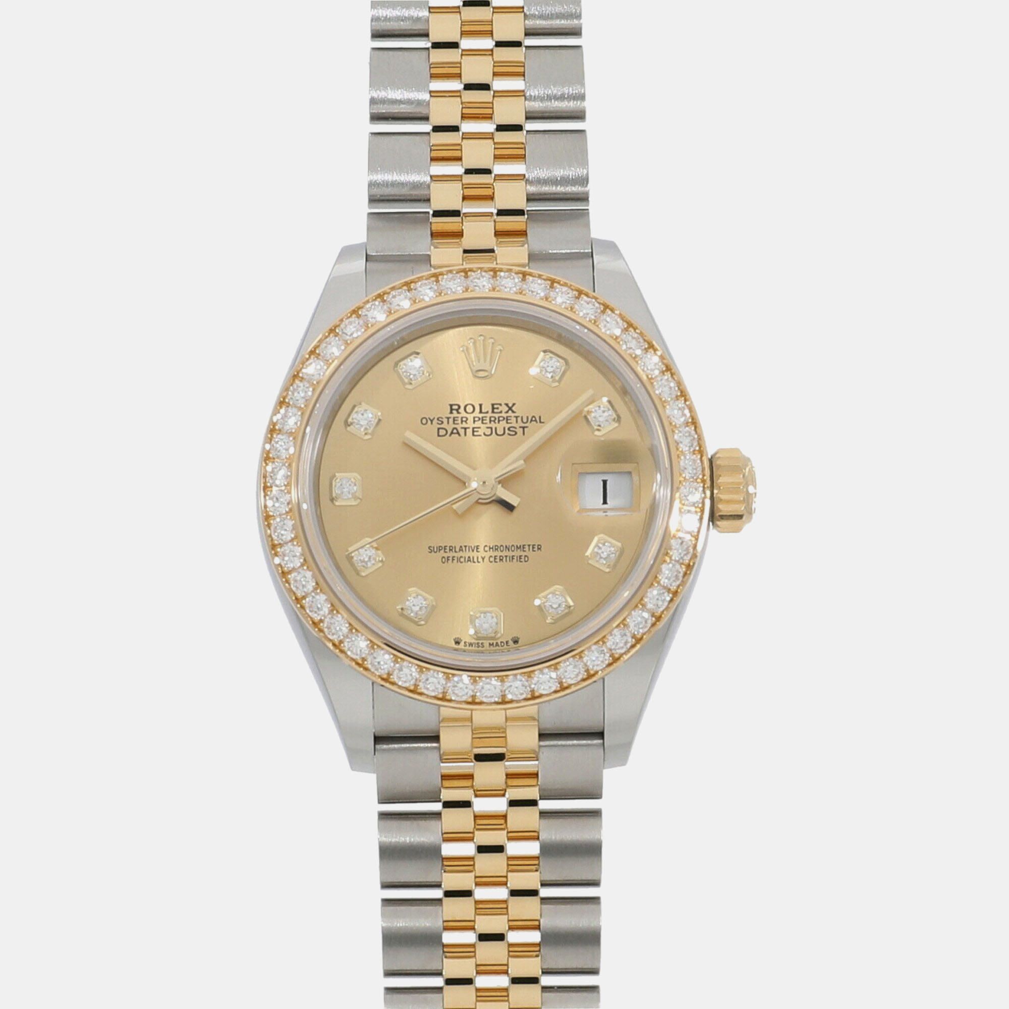 Rolex champagne 18k yellow gold stainless steel diamond datejust 279383rbr automatic women's wristwatch 28 mm