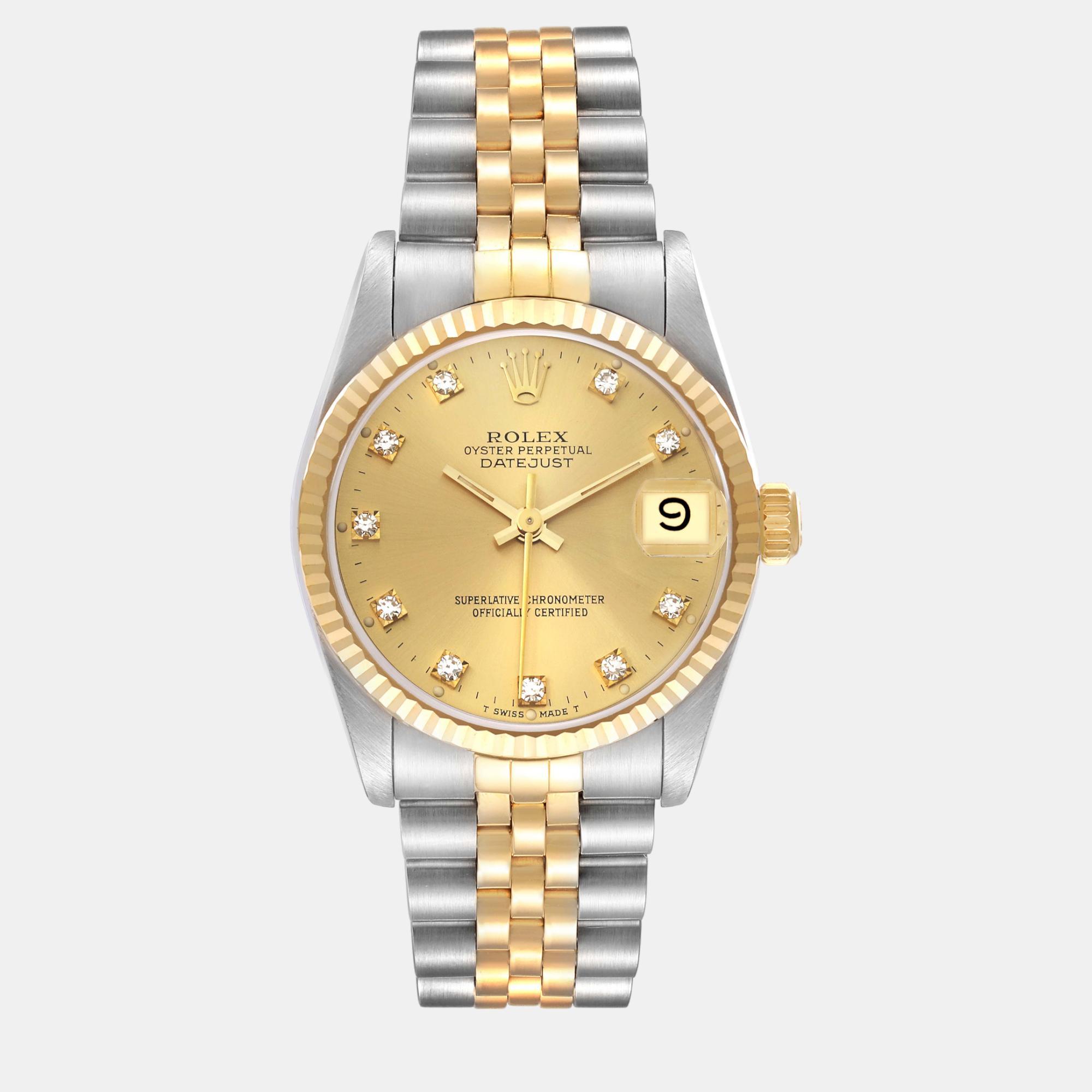 Rolex datejust midsize diamond dial steel yellow gold ladies watch 31 mm