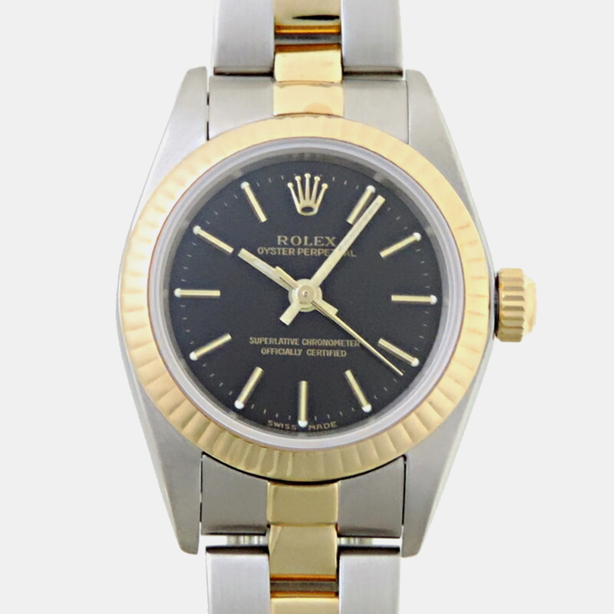 Rolex black 18k yellow gold stainless steel oyster perpetual 76193 automatic women's wristwatch 24 mm