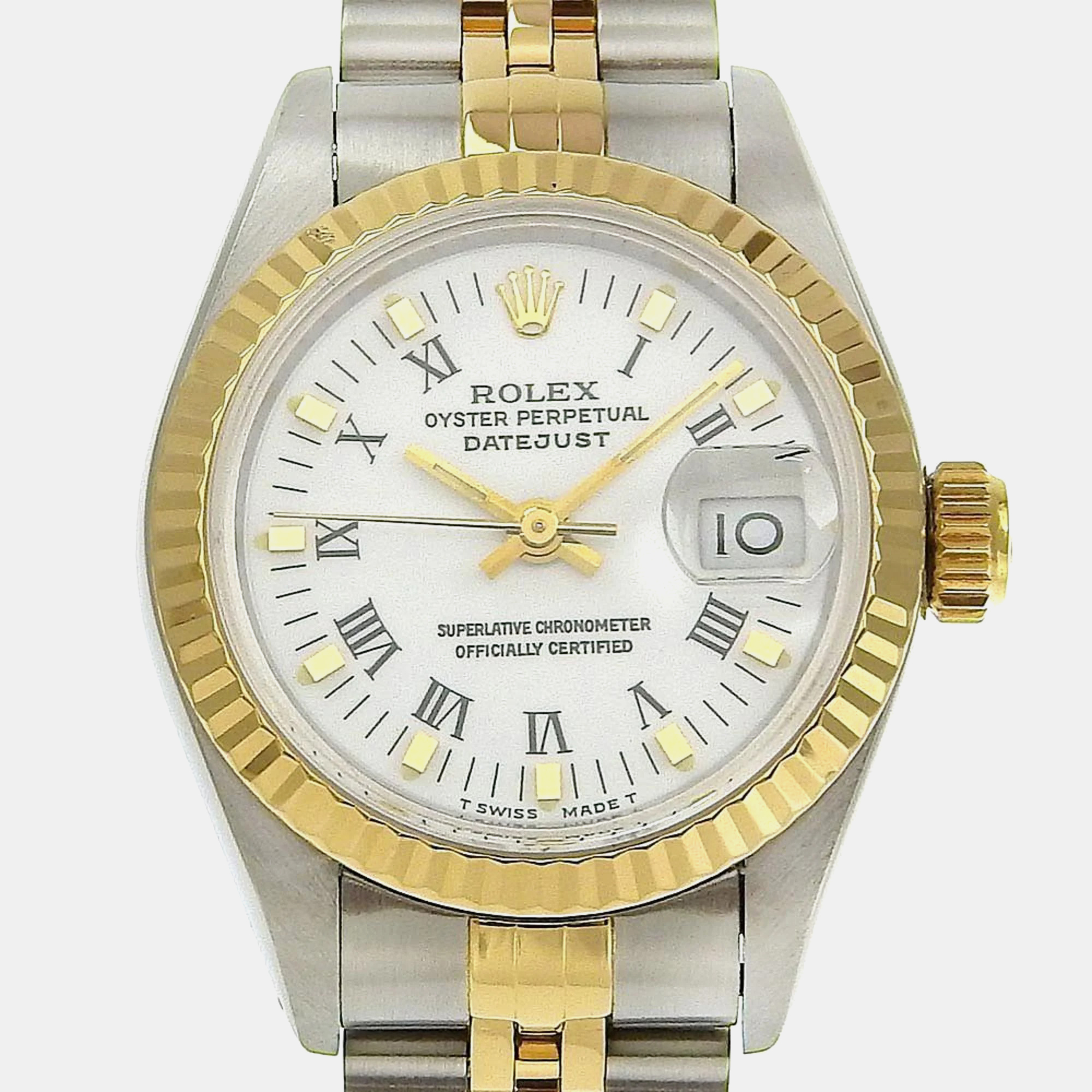 Rolex white 18k yellow gold stainless steel datejust 69173 automatic women's wristwatch 26 mm
