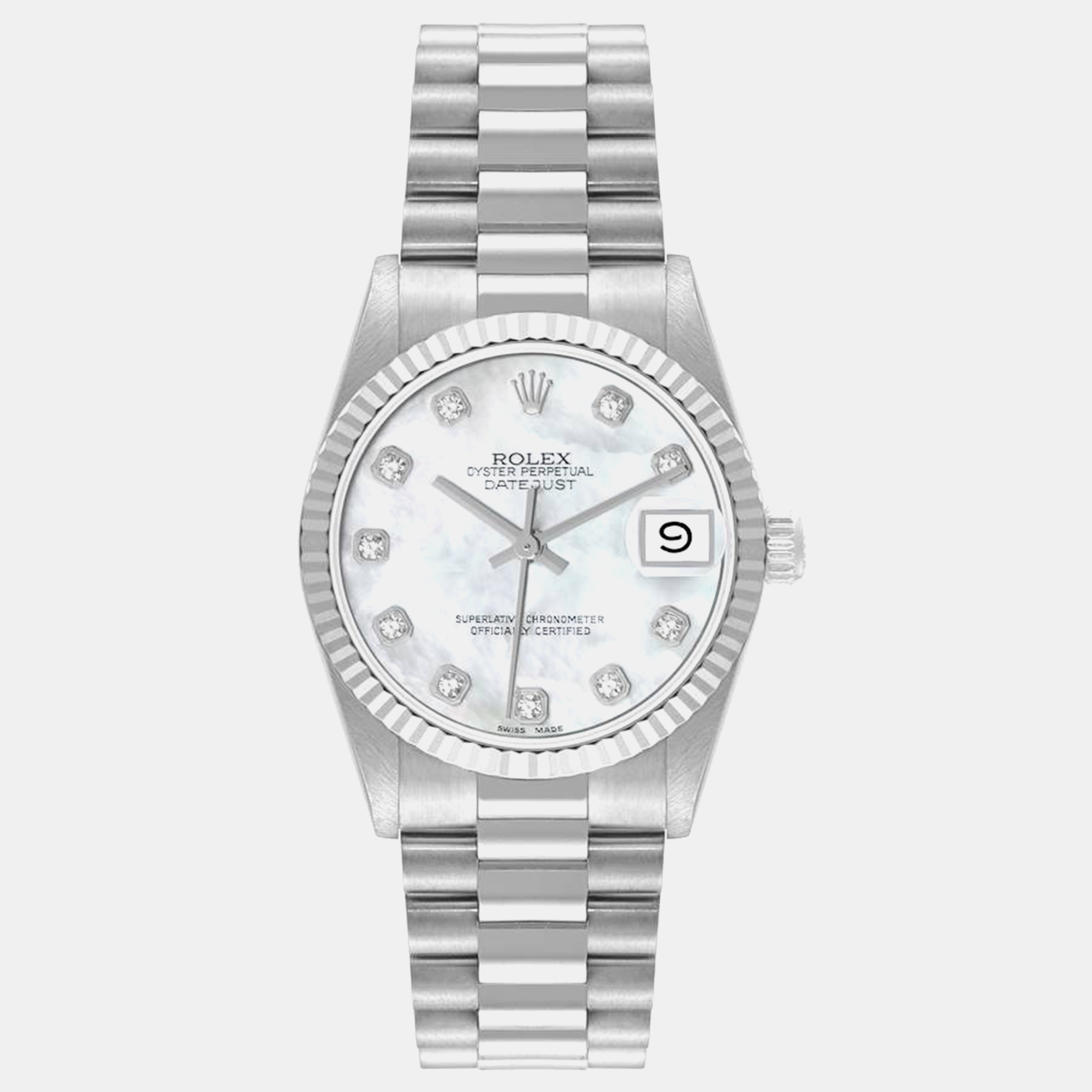 Rolex president datejust midsize white gold diamond ladies watch 68279 31 mm