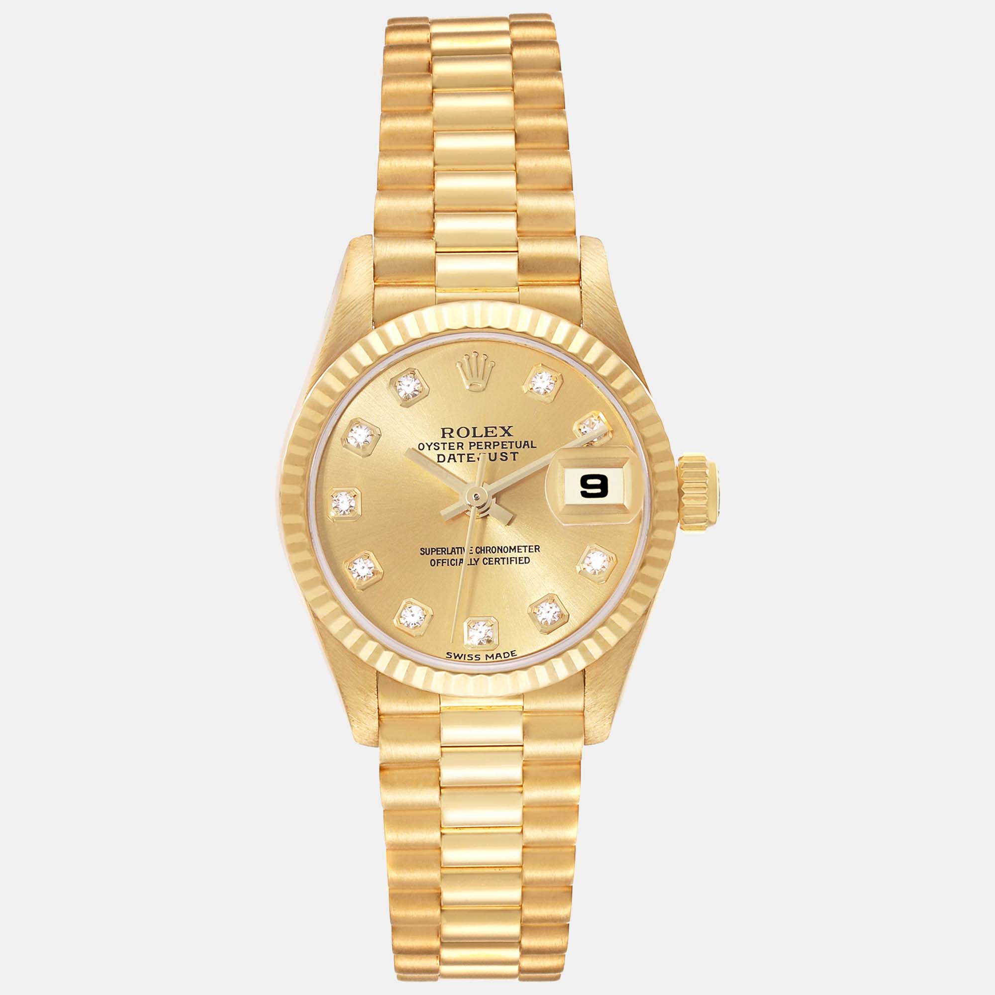 Rolex president datejust yellow gold diamond dial ladies watch 26.0 mm