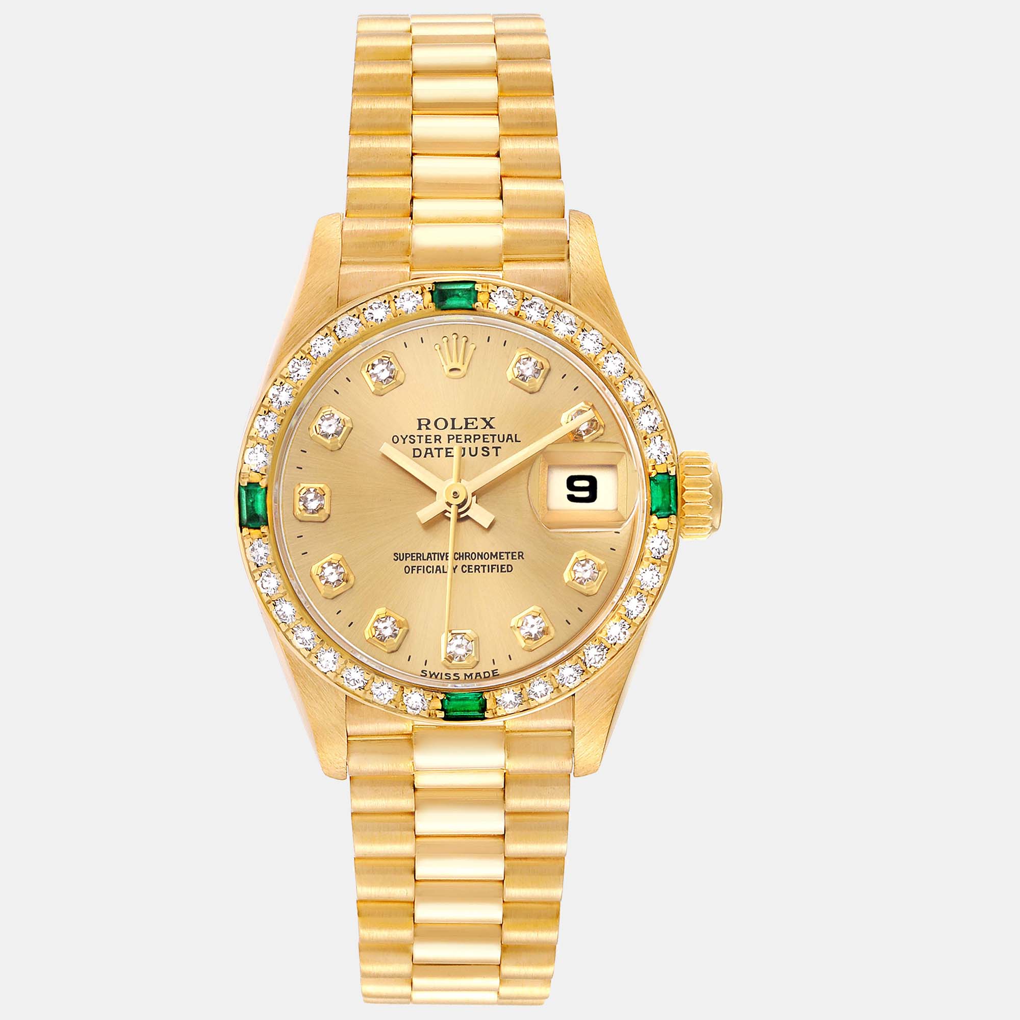 Rolex president datejust yellow gold diamond emerald watch 26.0 mm