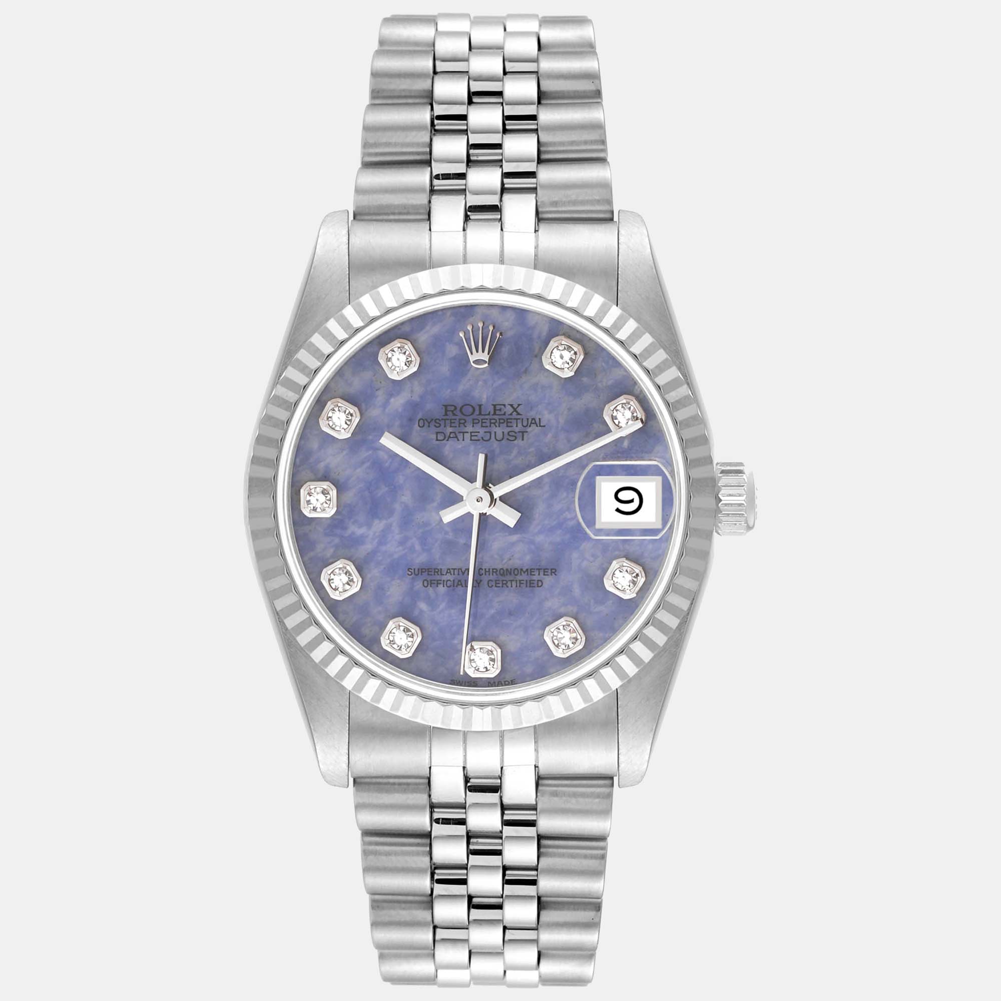 Rolex datejust midsize steel white gold sodalite stone diamond dial watch 31.0 mm