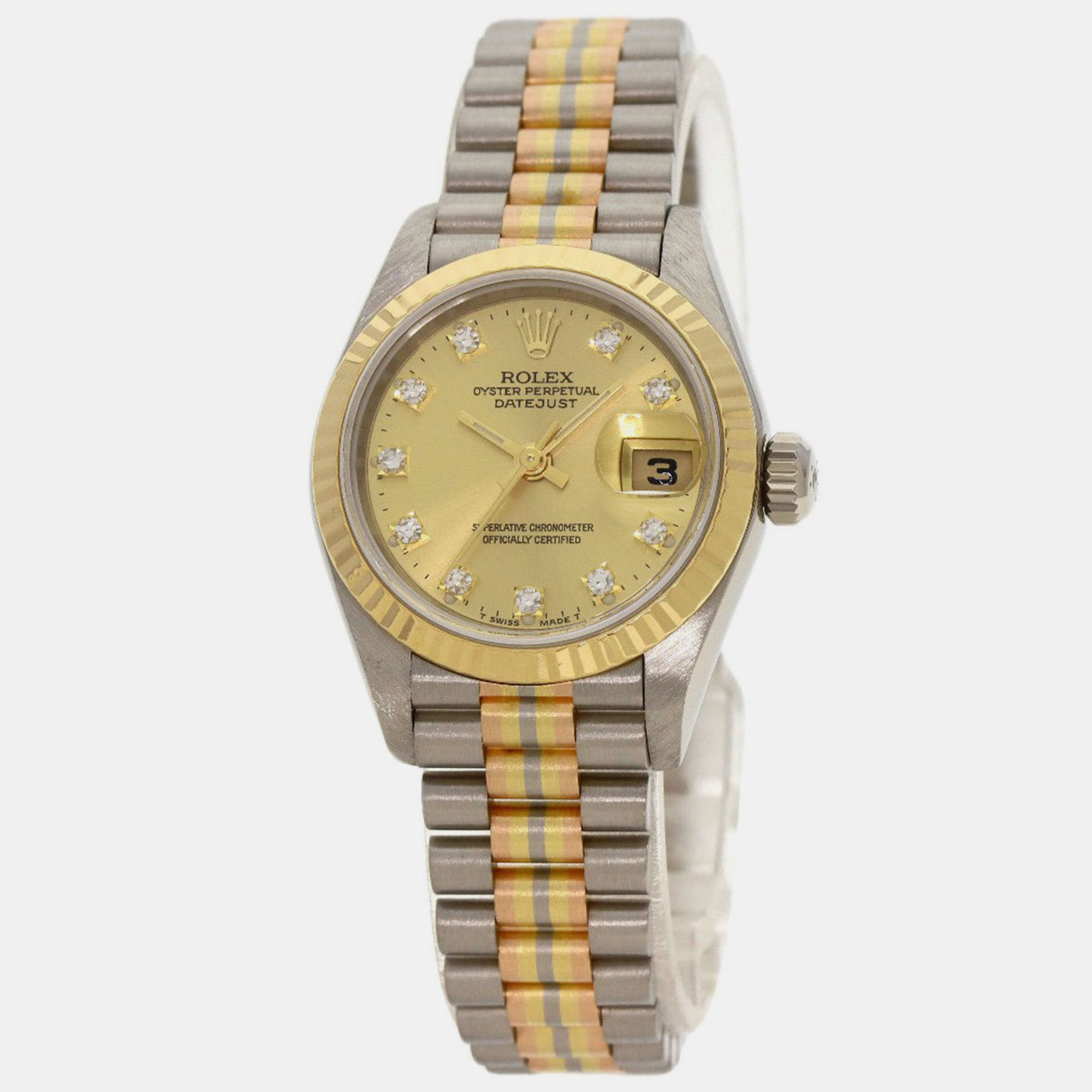 Rolex Champagne 18k Yellow Gold Rose Gold White Gold Datejust 69179BIC Automatic Women's Wristwatch 26 mm
Rolex Champagne 18k Yellow Gold Rose Gold White Gold Datejust 69179BIC Automatic Women's Wristwatch 26 mm
