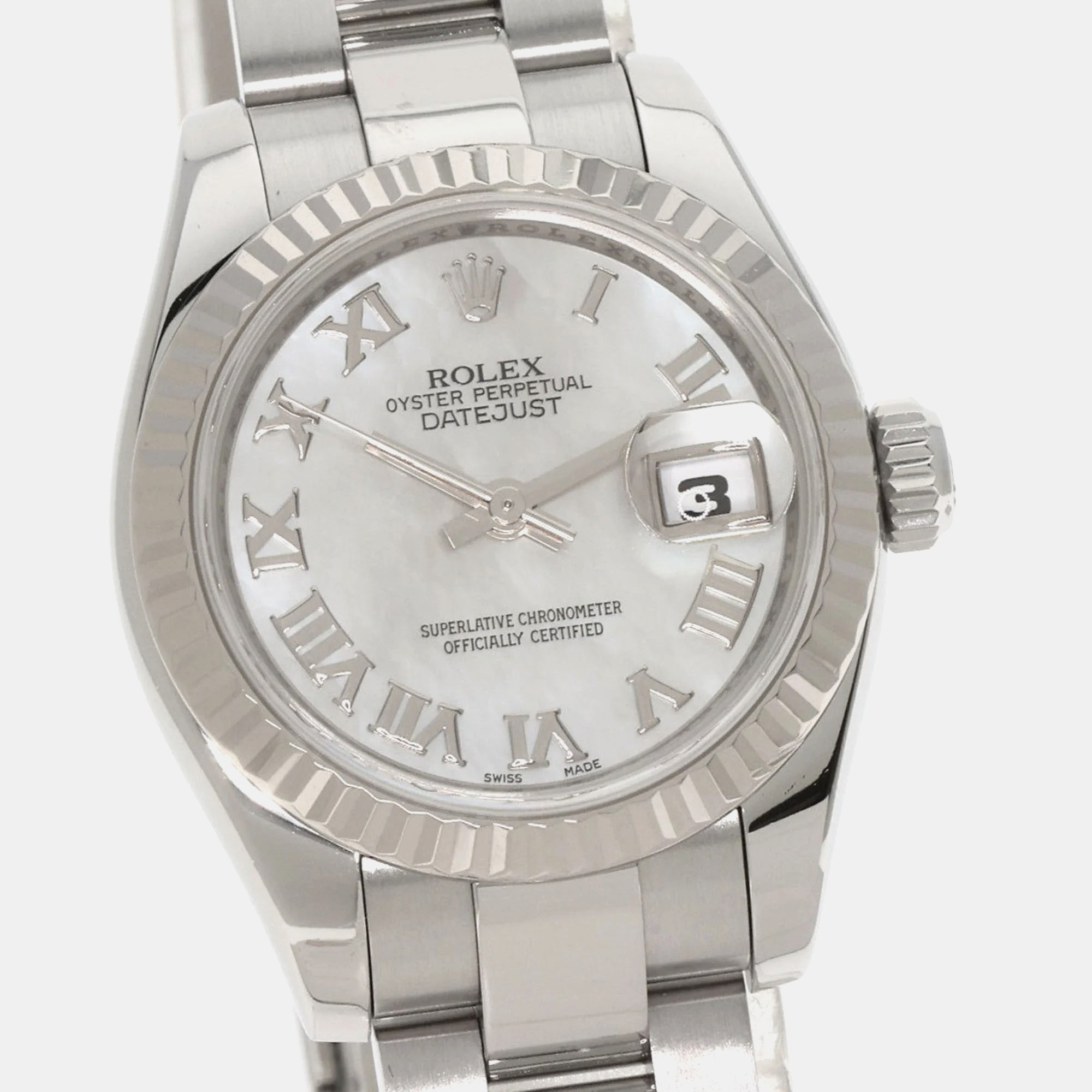 Rolex White Shell 18k White Gold Datejust 179174 Automatic Women's Wristwatch 26 Mm