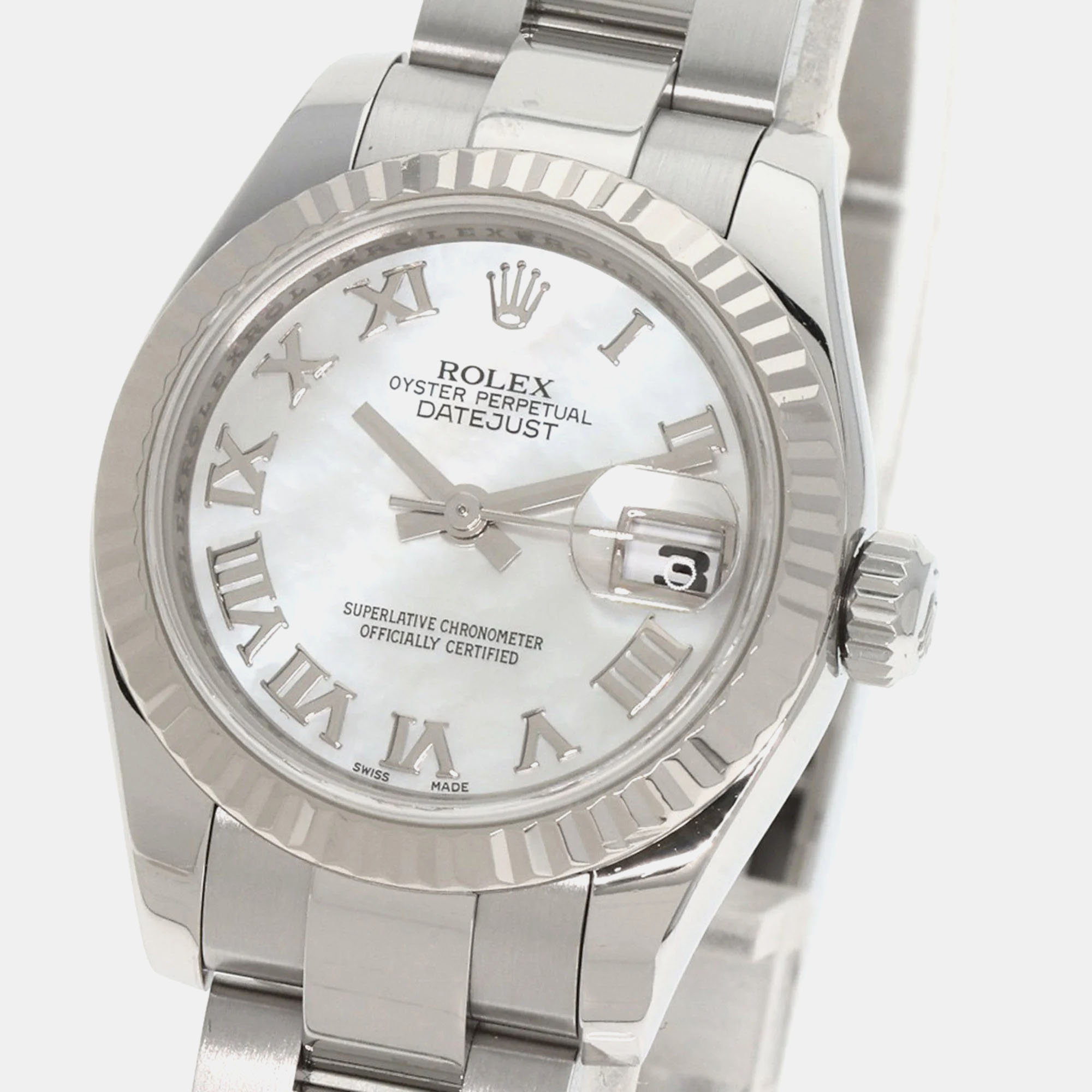 Rolex White Shell 18k White Gold Datejust 179174 Automatic Women's Wristwatch 26 Mm