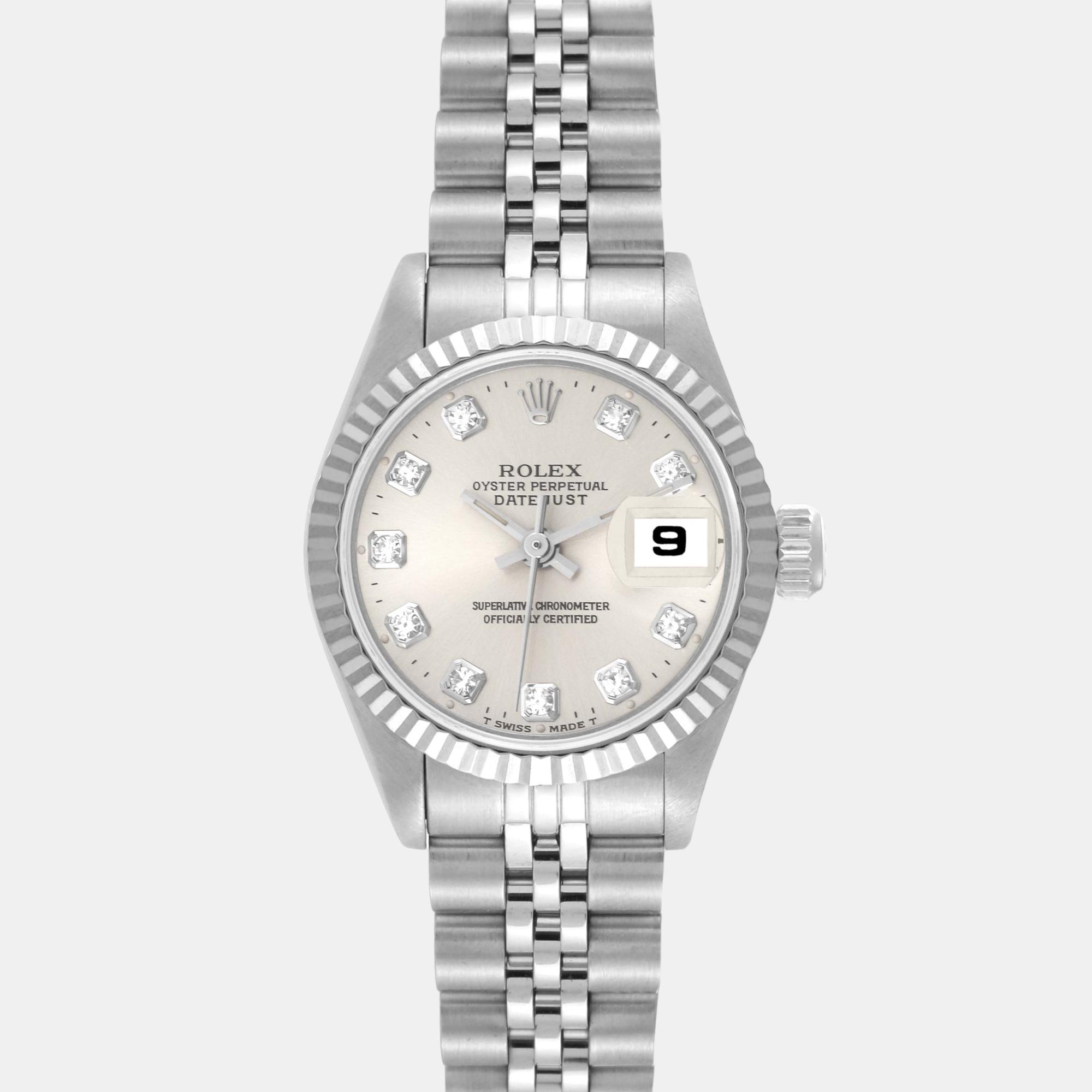 Rolex Datejust Steel White Gold Silver Diamond Dial Ladies Watch 69174