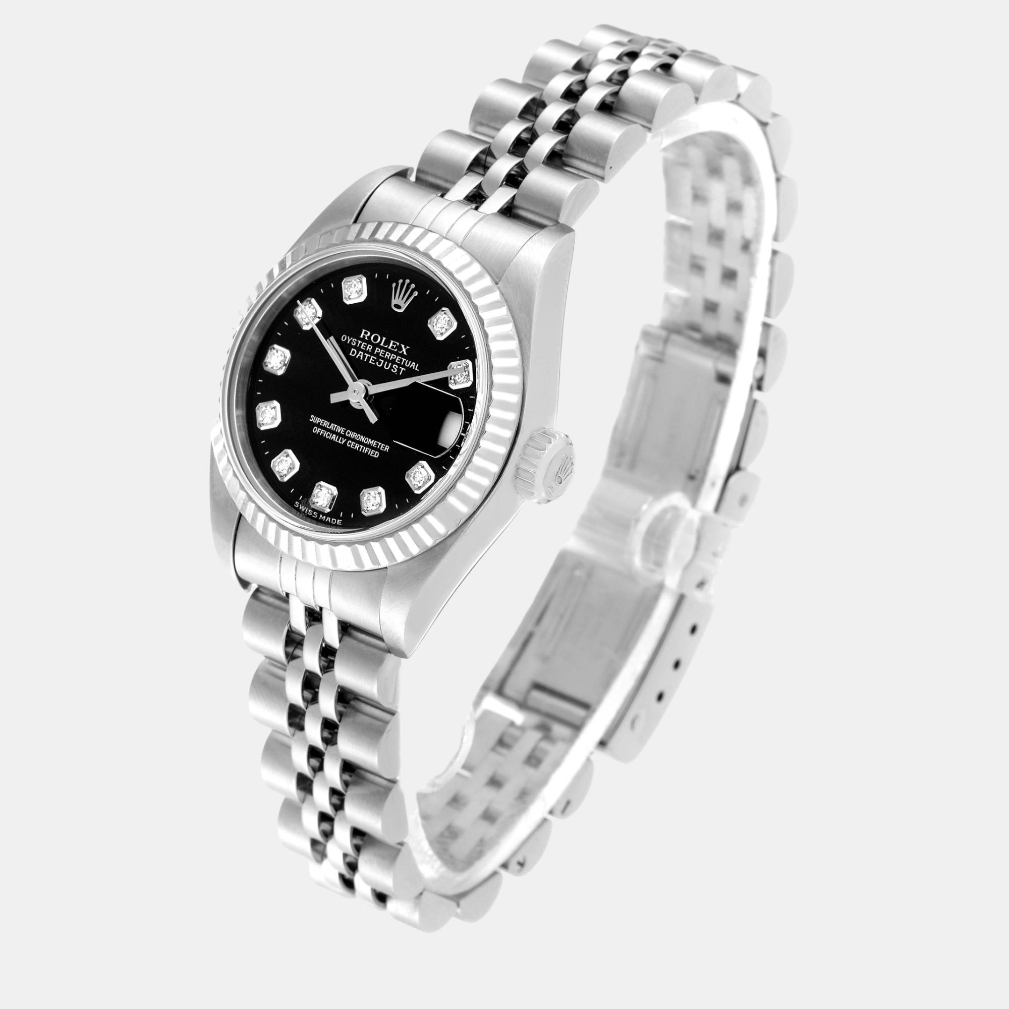 Rolex Datejust Steel White Gold Black Diamond Dial Ladies Watch 79174