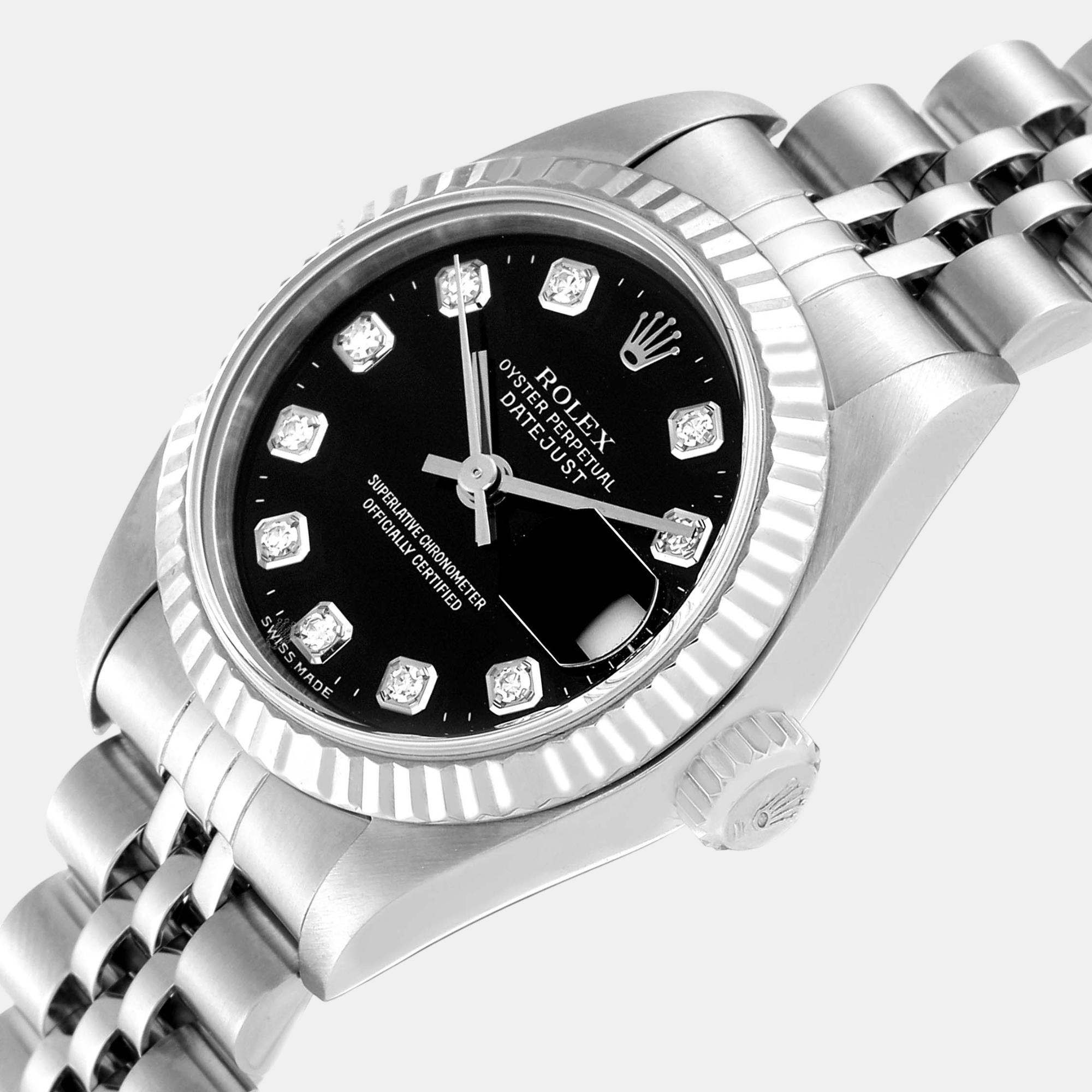 Rolex Datejust Steel White Gold Black Diamond Dial Ladies Watch 79174