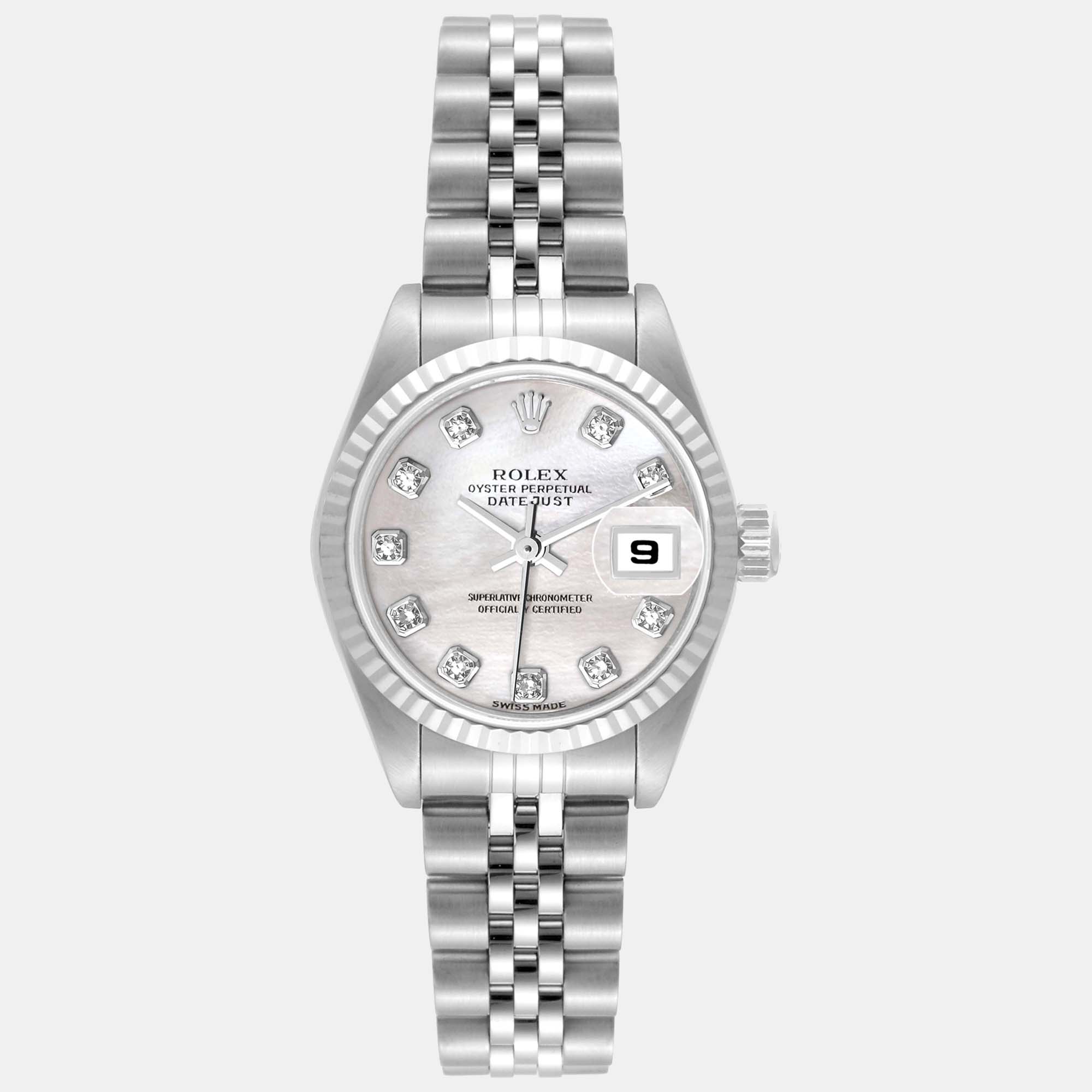 Rolex Datejust Steel White Gold Mother of Pearl Diamond Ladies Watch 26.0 mm, Silver
Rolex Datejust Steel White Gold Mother of Pearl Diamond Ladies Watch 26.0 mm, Silver