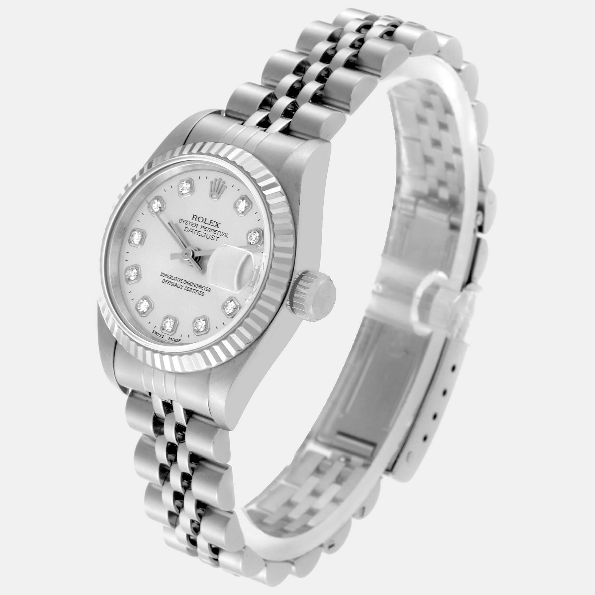 Rolex Datejust Steel White Gold Silver Diamond Dial Ladies Watch 69174 26 Mm