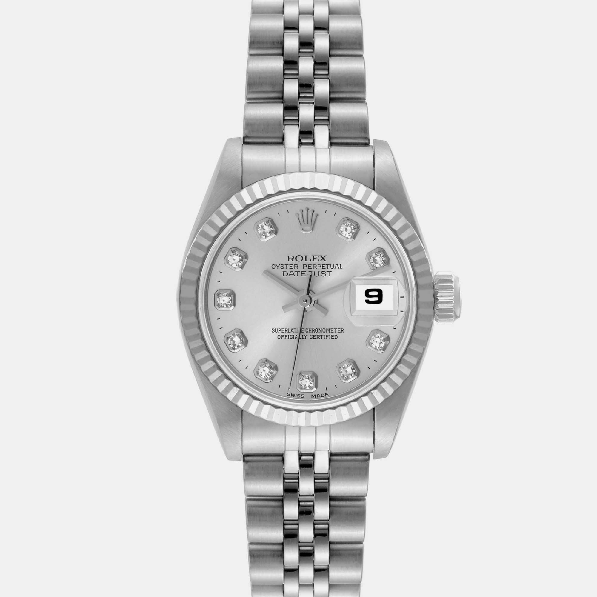 Rolex Datejust Steel White Gold Silver Diamond Dial Ladies Watch 69174 26 Mm