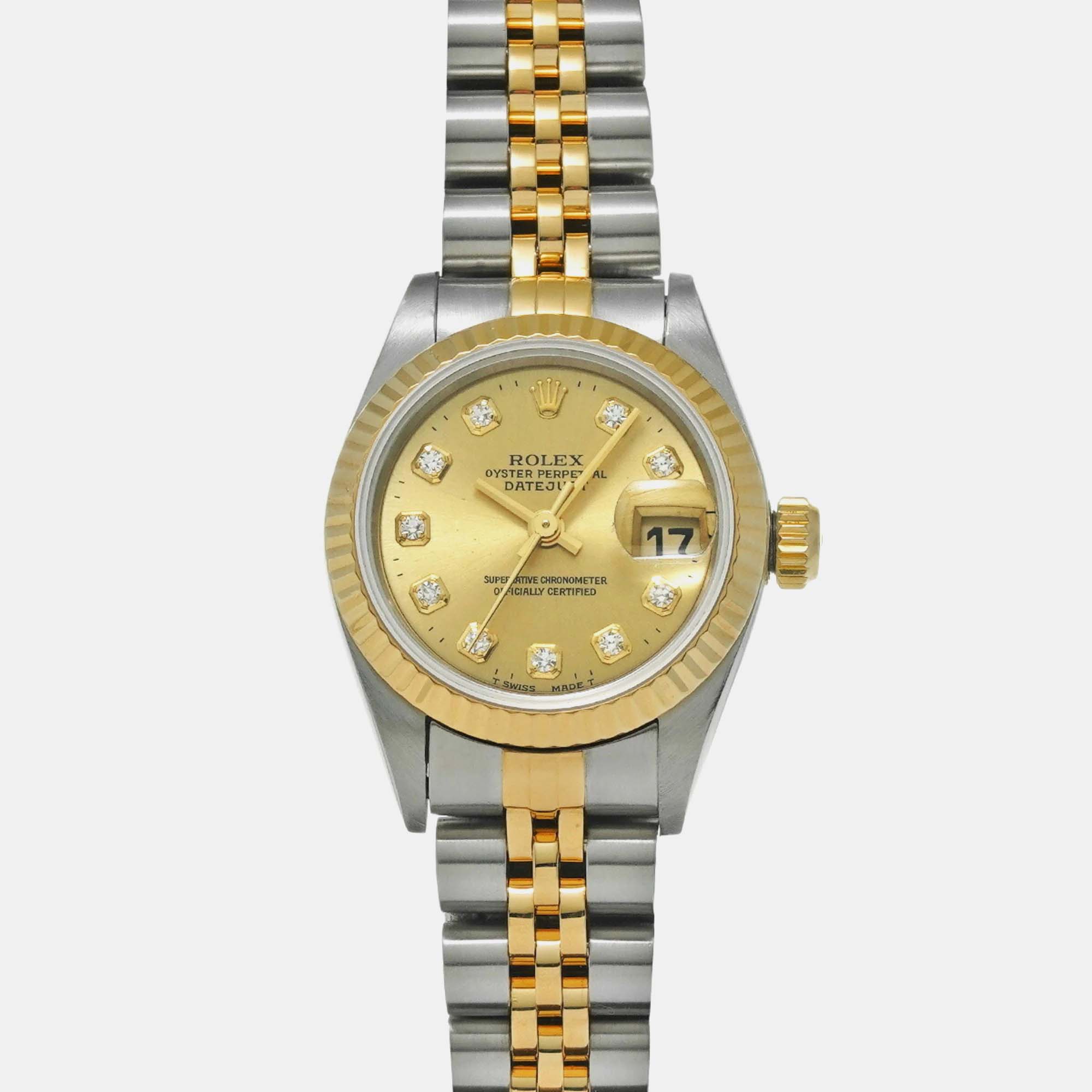 Rolex Champagne Diamond 18k Yellow Gold Stainless Steel Datejust Automatic Women's Wristwatch 26 mm
Rolex Champagne Diamond 18k Yellow Gold Stainless Steel Datejust Automatic Women's Wristwatch 26 mm