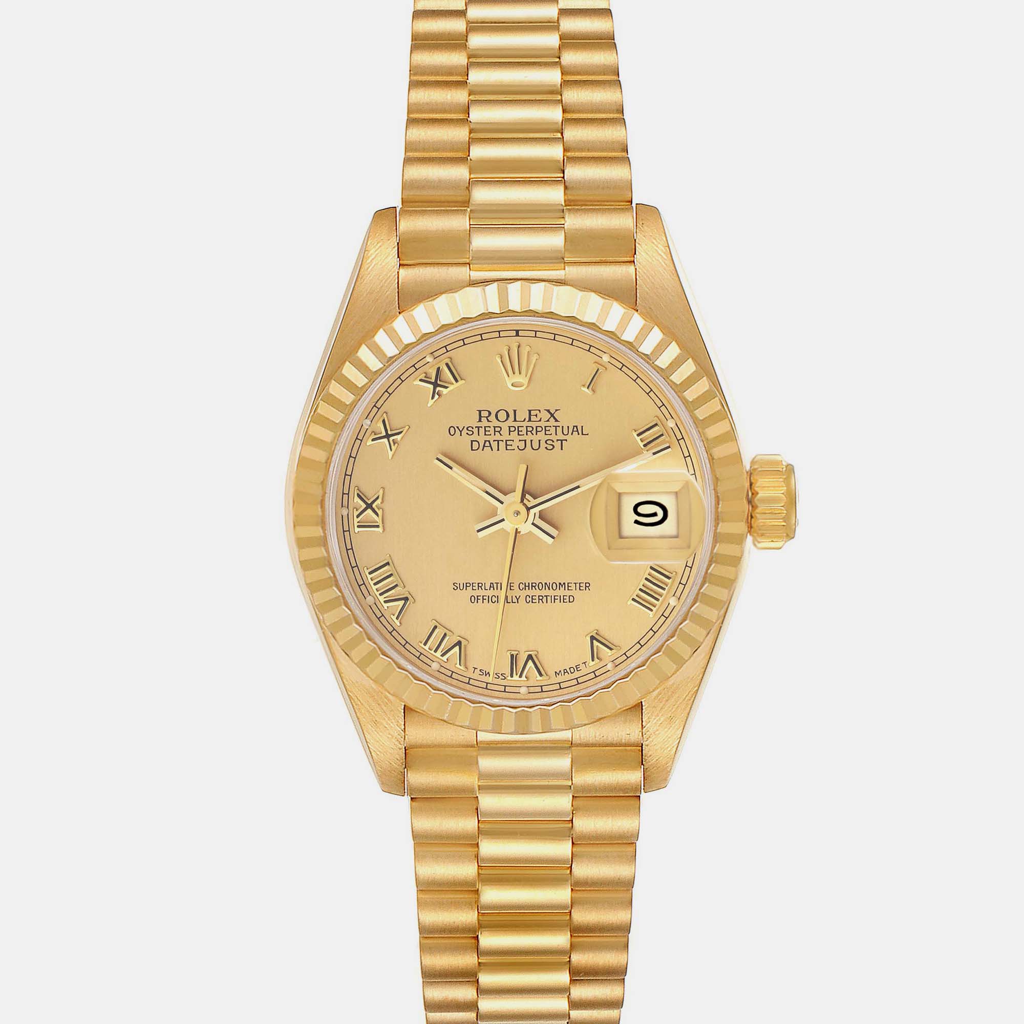 Rolex President Datejust Yellow Gold Roman Dial Ladies Watch 26.0 Mm