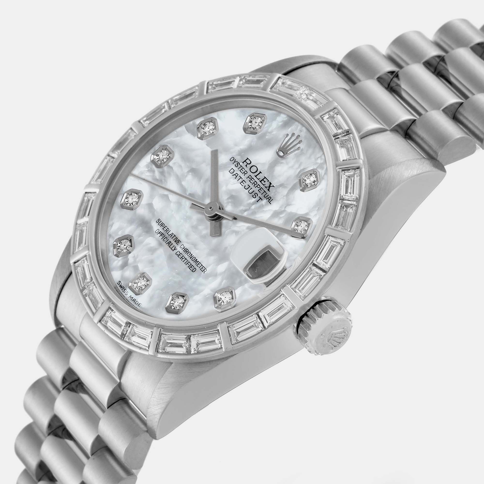 Rolex President Midsize Platinum Mother Of Pearl Diamond Ladies Watch 31.0 Mm