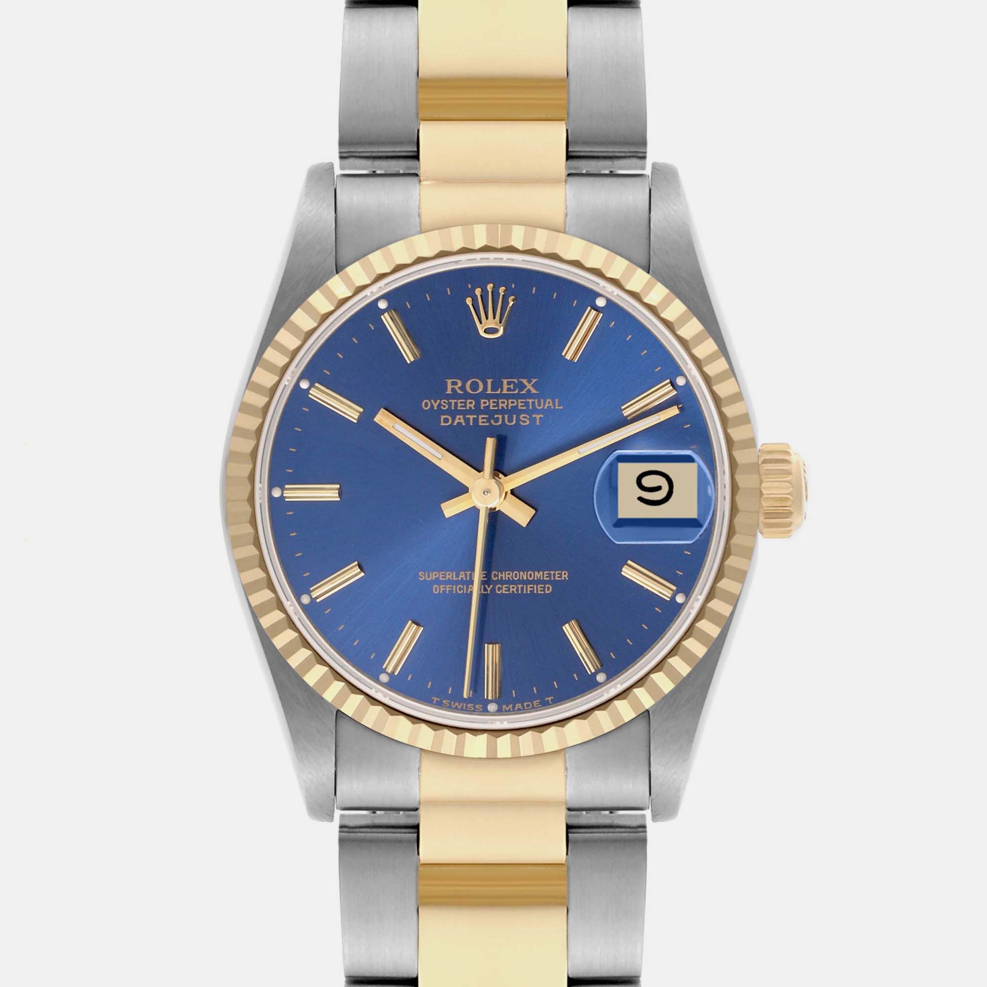 Rolex Datejust Midsize Steel Yellow Gold Blue Dial Ladies Watch 31.0 Mm