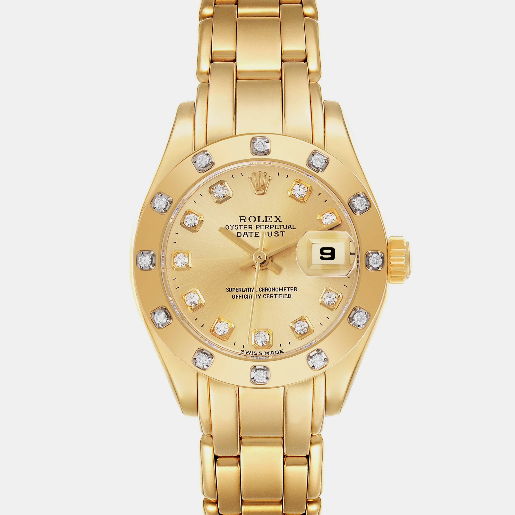 Rolex Pearlmaster Yellow Gold Champagne Diamond Ladies Watch 69318 29 Mm