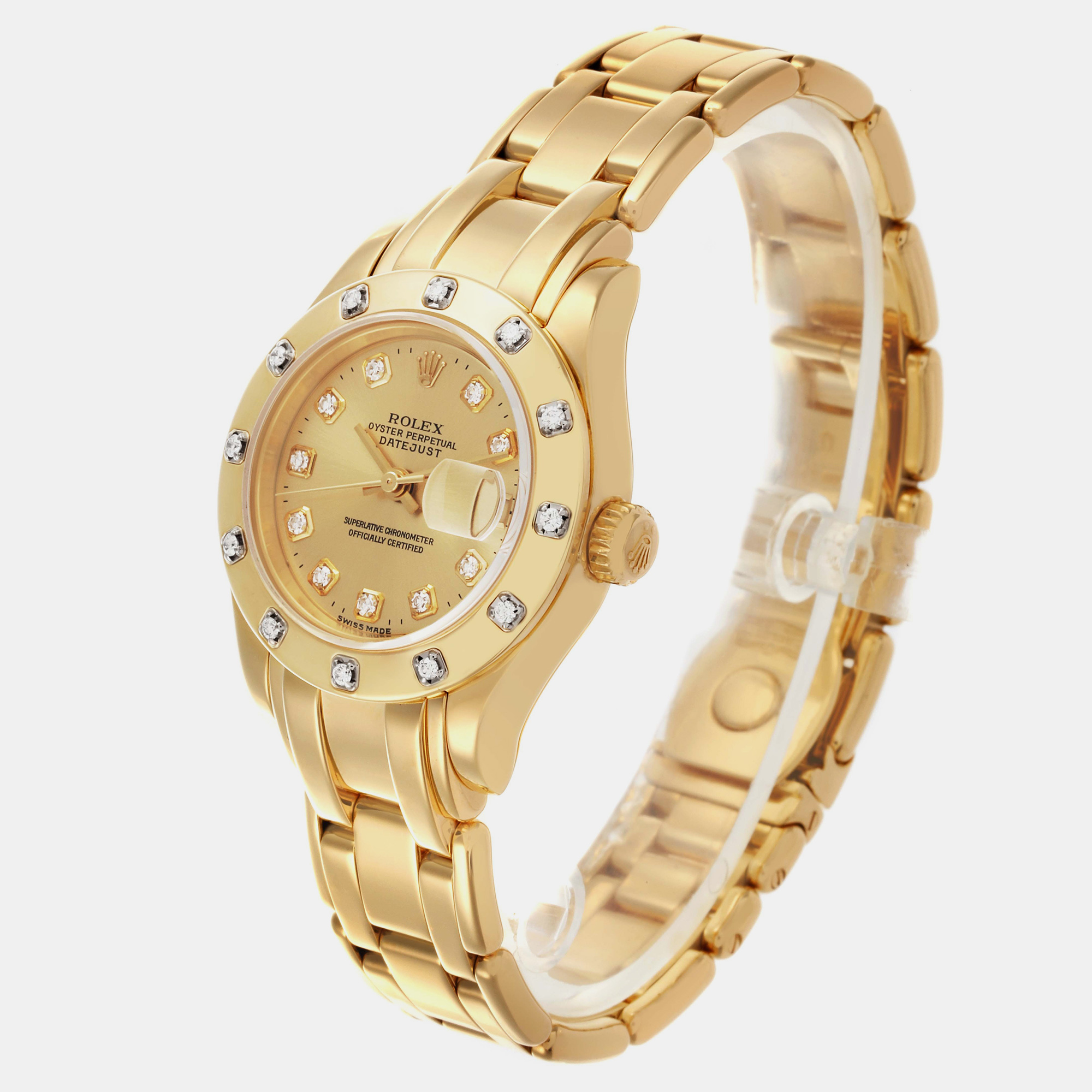 Rolex Pearlmaster Yellow Gold Champagne Diamond Ladies Watch 69318 29 Mm