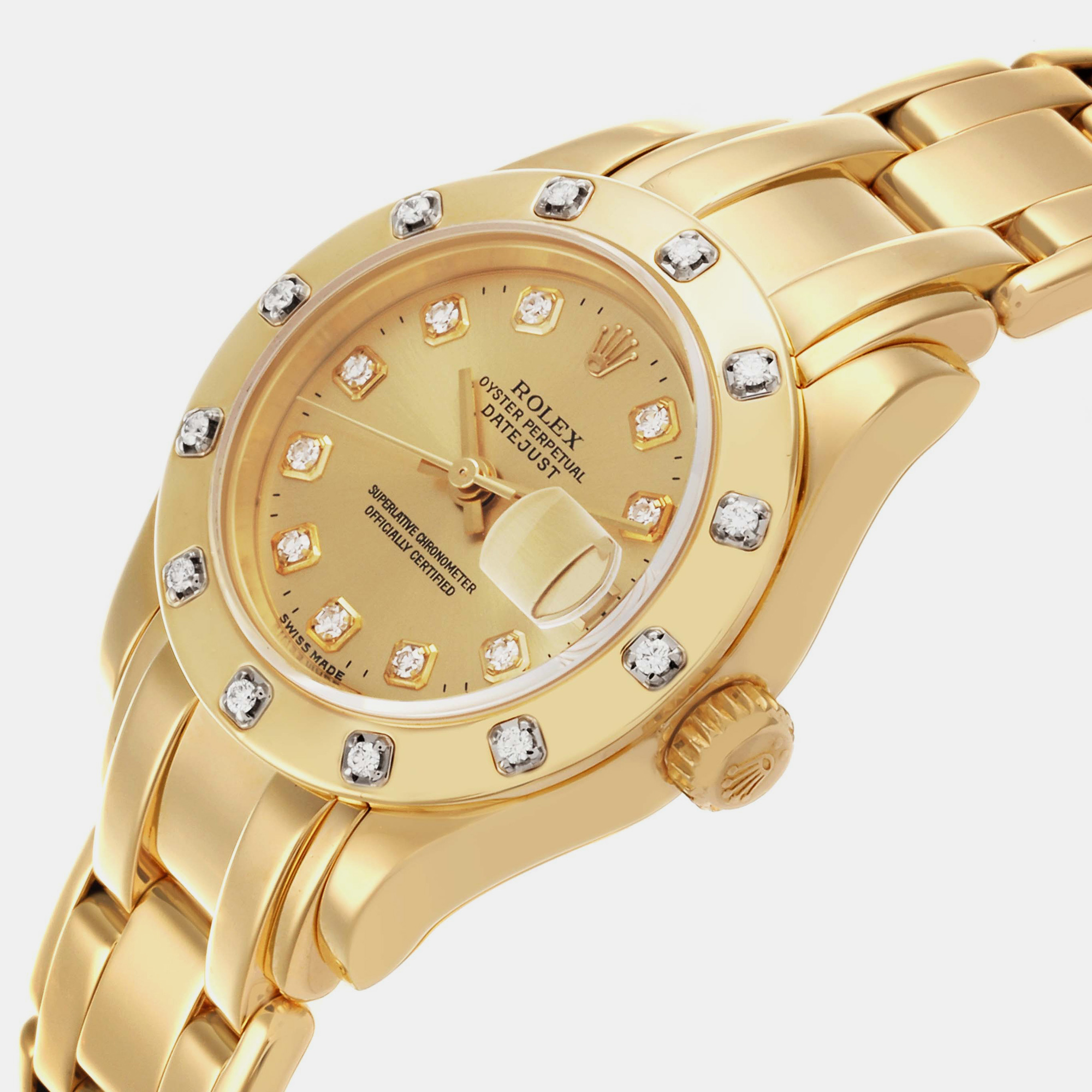 Rolex Pearlmaster Yellow Gold Champagne Diamond Ladies Watch 69318 29 Mm