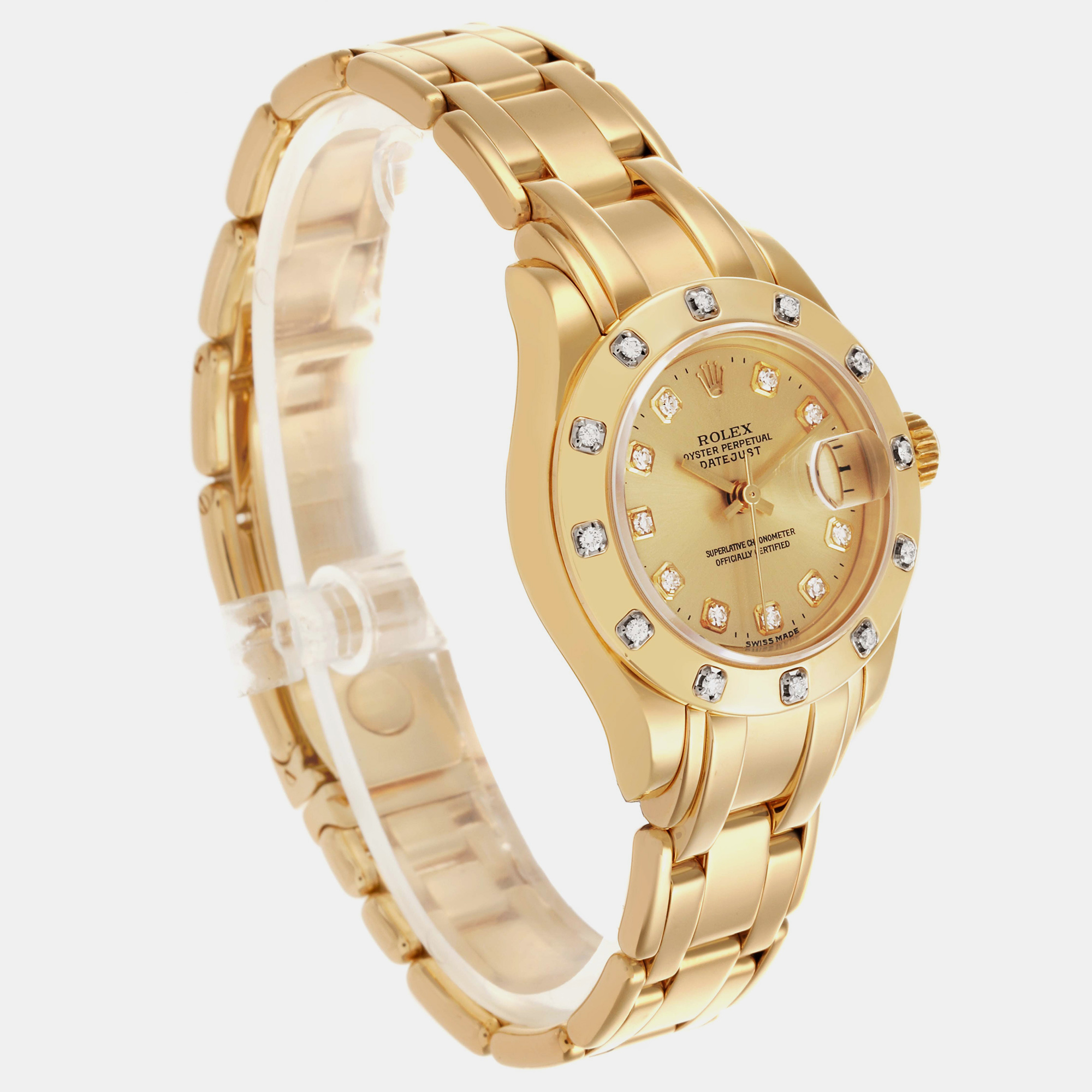 Rolex Pearlmaster Yellow Gold Champagne Diamond Ladies Watch 69318 29 Mm