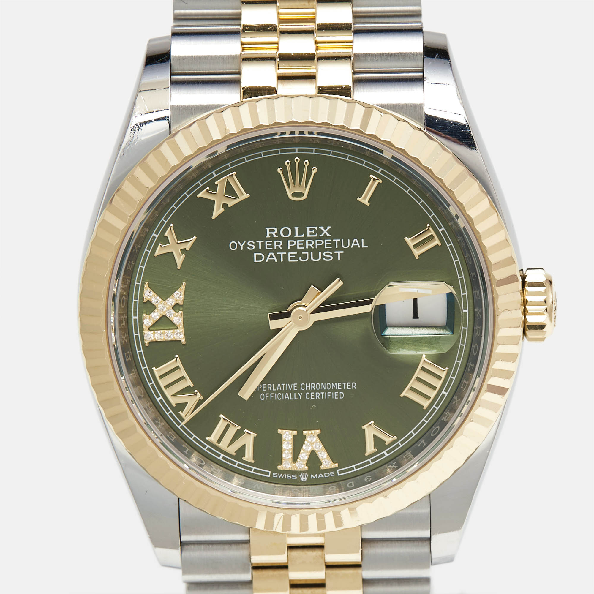 Rolex Green 18K White Gold Oystersteel Diamond Datejust M126233-0025 Women's Wristwatch 36 Mm