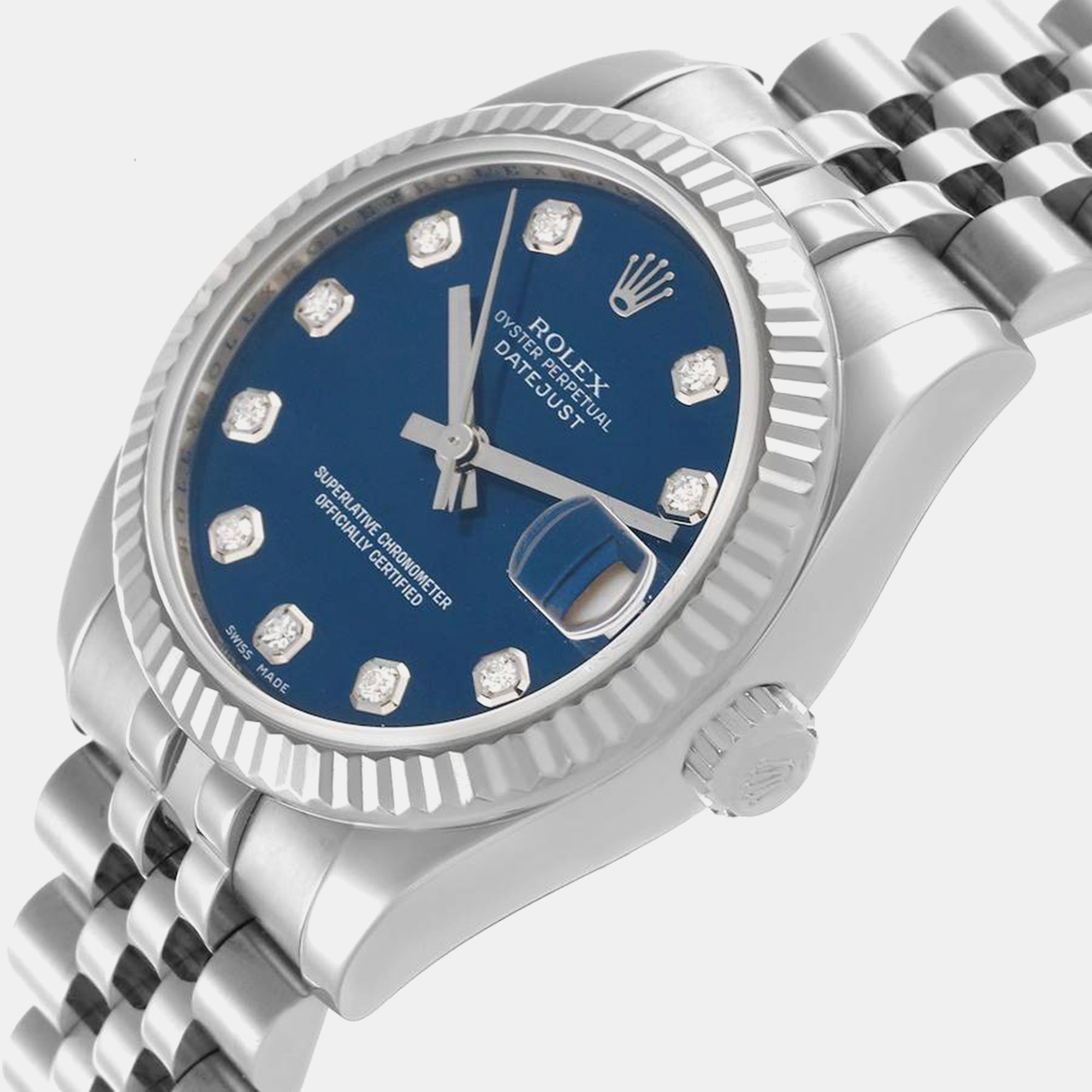 Rolex Datejust Midsize Steel White Gold Blue Diamond Dial Watch 31.0 Mm