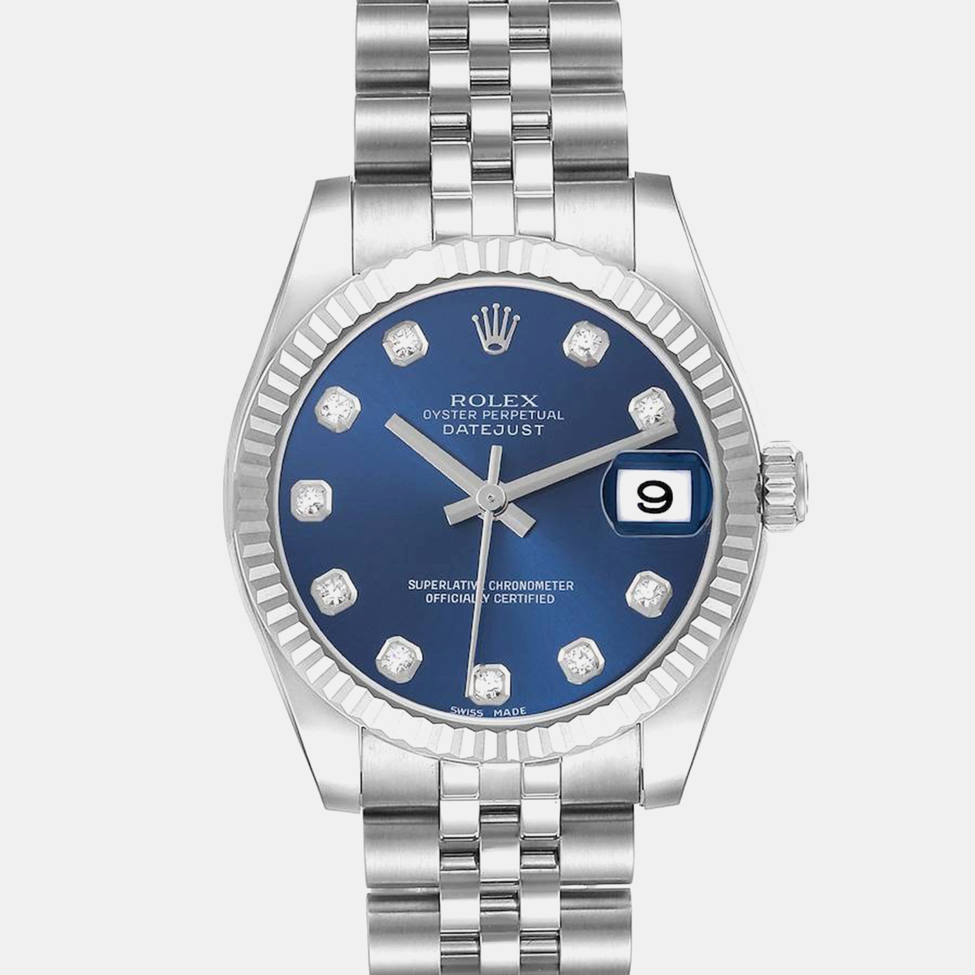 Rolex Datejust Midsize Steel White Gold Blue Diamond Dial Watch 31.0 Mm