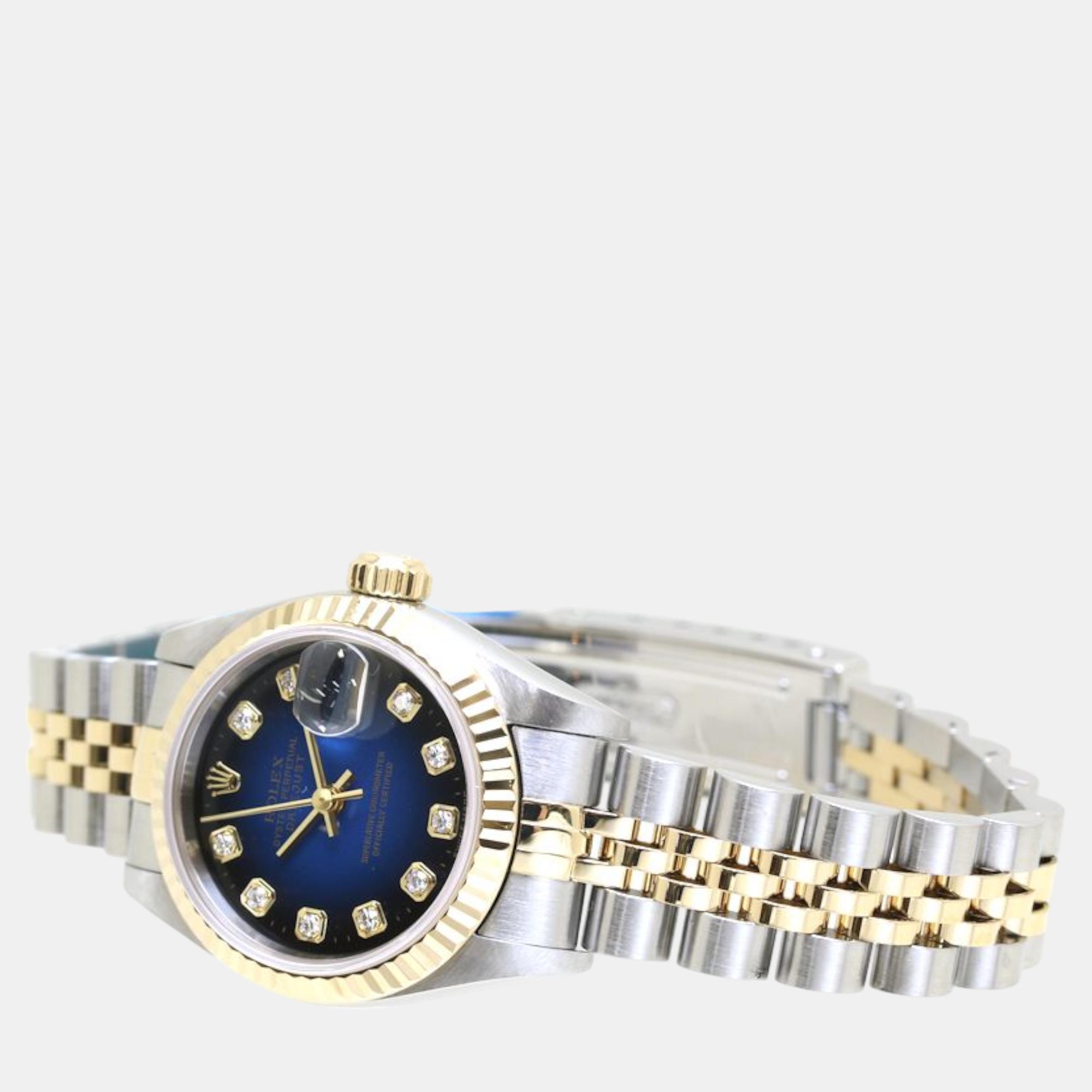 Rolex Blue Diamond 18k Yellow Gold Stainless Steel Datejust 69173 Automatic Women's Wristwatch 26 Mm