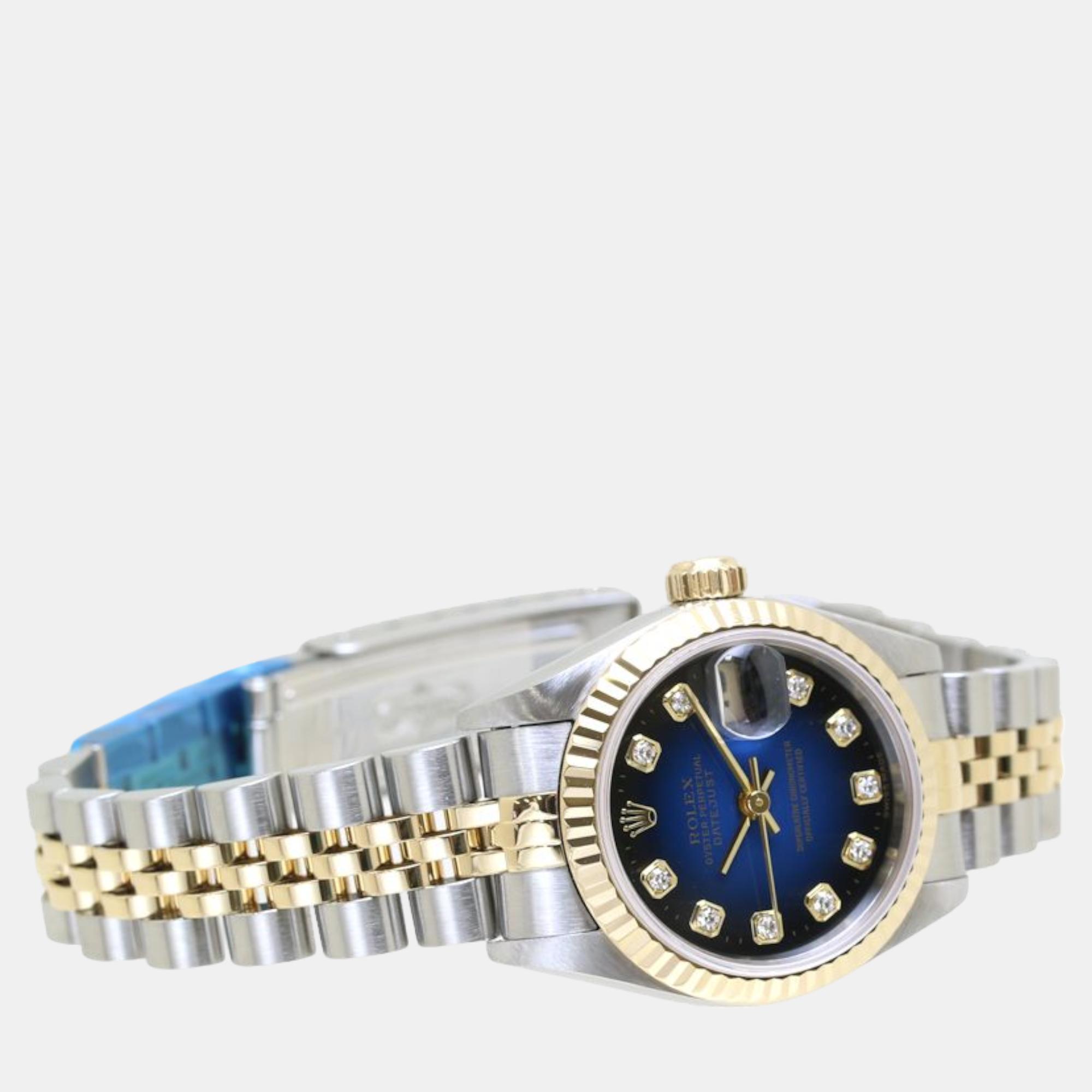 Rolex Blue Diamond 18k Yellow Gold Stainless Steel Datejust 69173 Automatic Women's Wristwatch 26 Mm