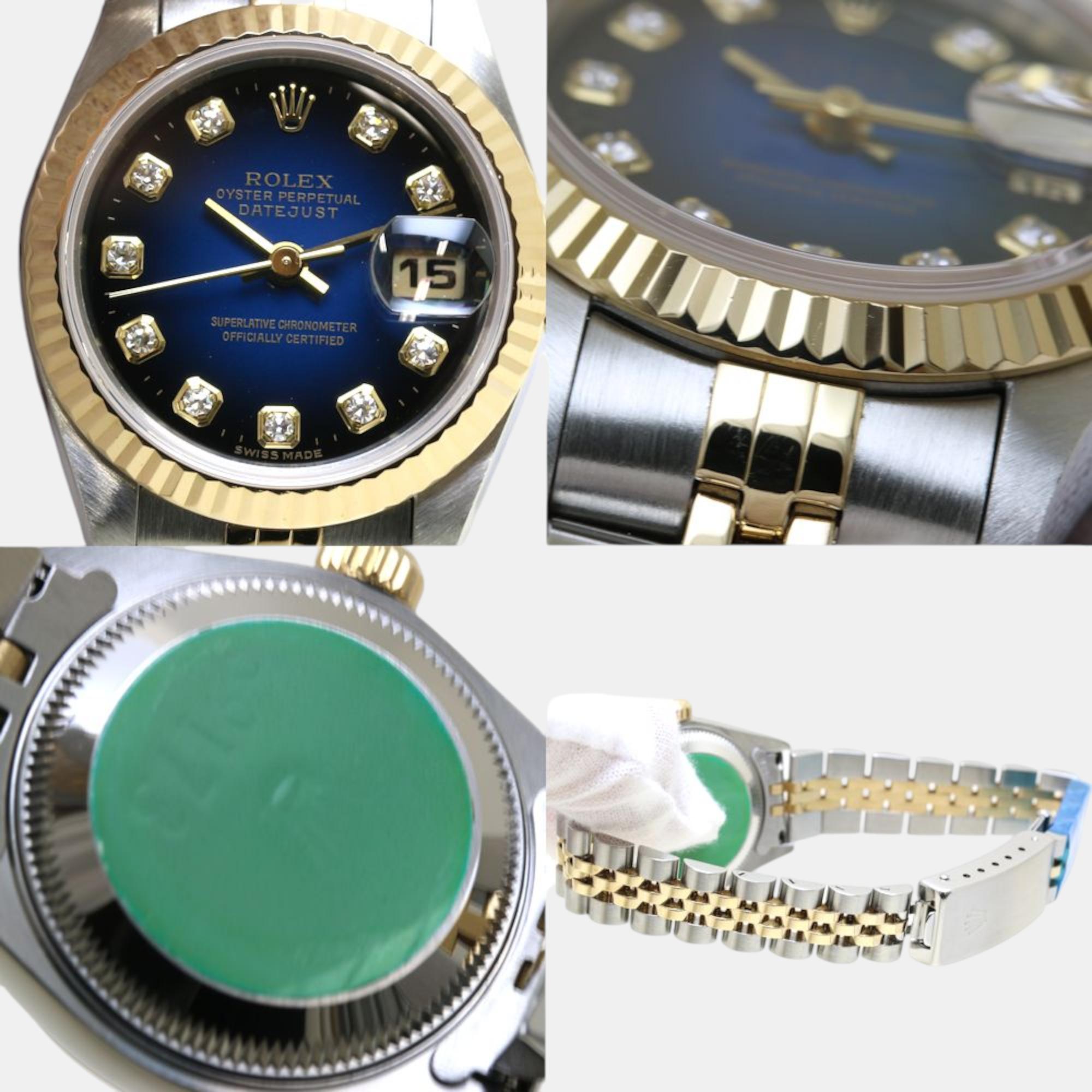 Rolex Blue Diamond 18k Yellow Gold Stainless Steel Datejust 69173 Automatic Women's Wristwatch 26 Mm