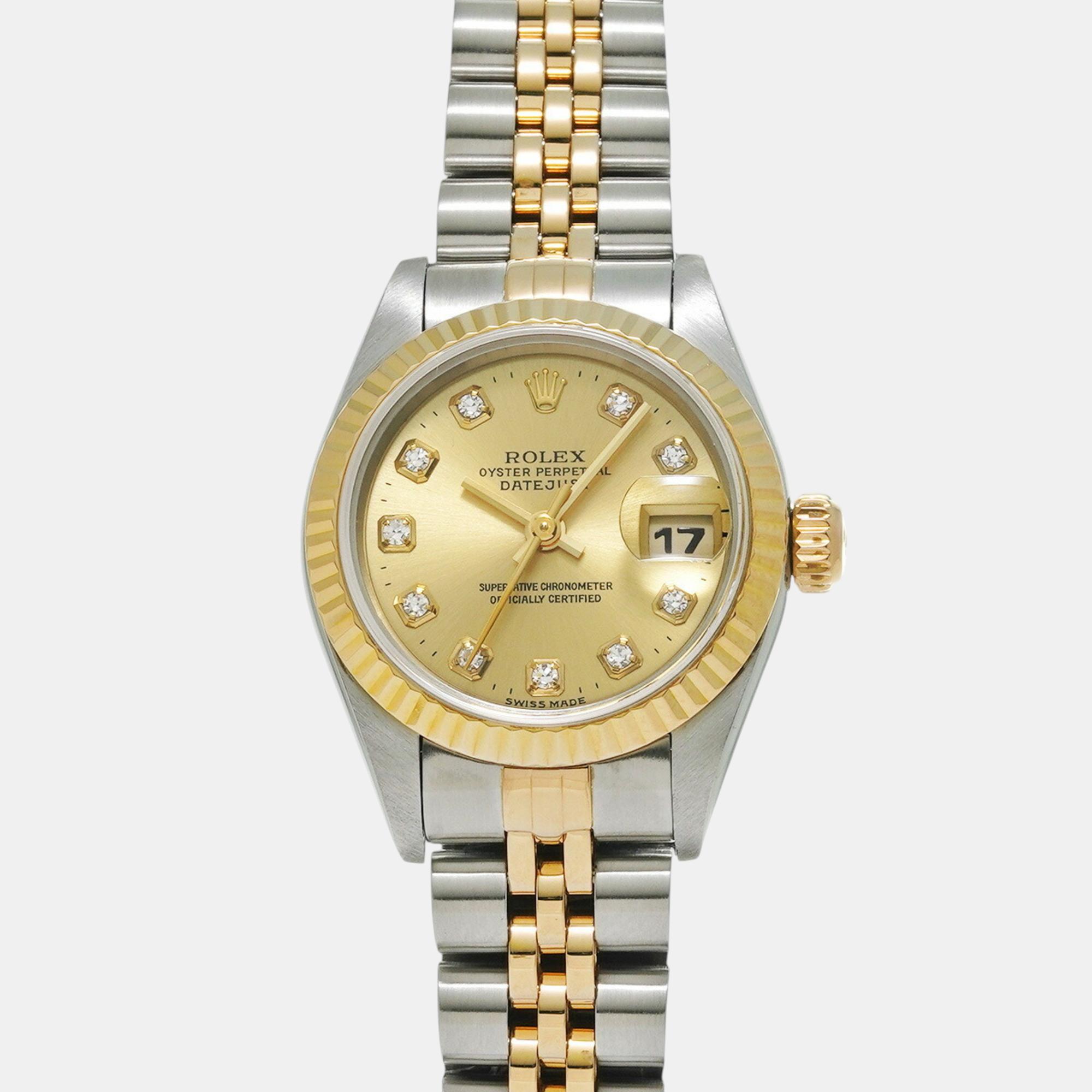 Rolex Champagne Diamond 18k Yellow Gold Stainless Steel Datejust 69173 Automatic Women's Wristwatch 26 Mm