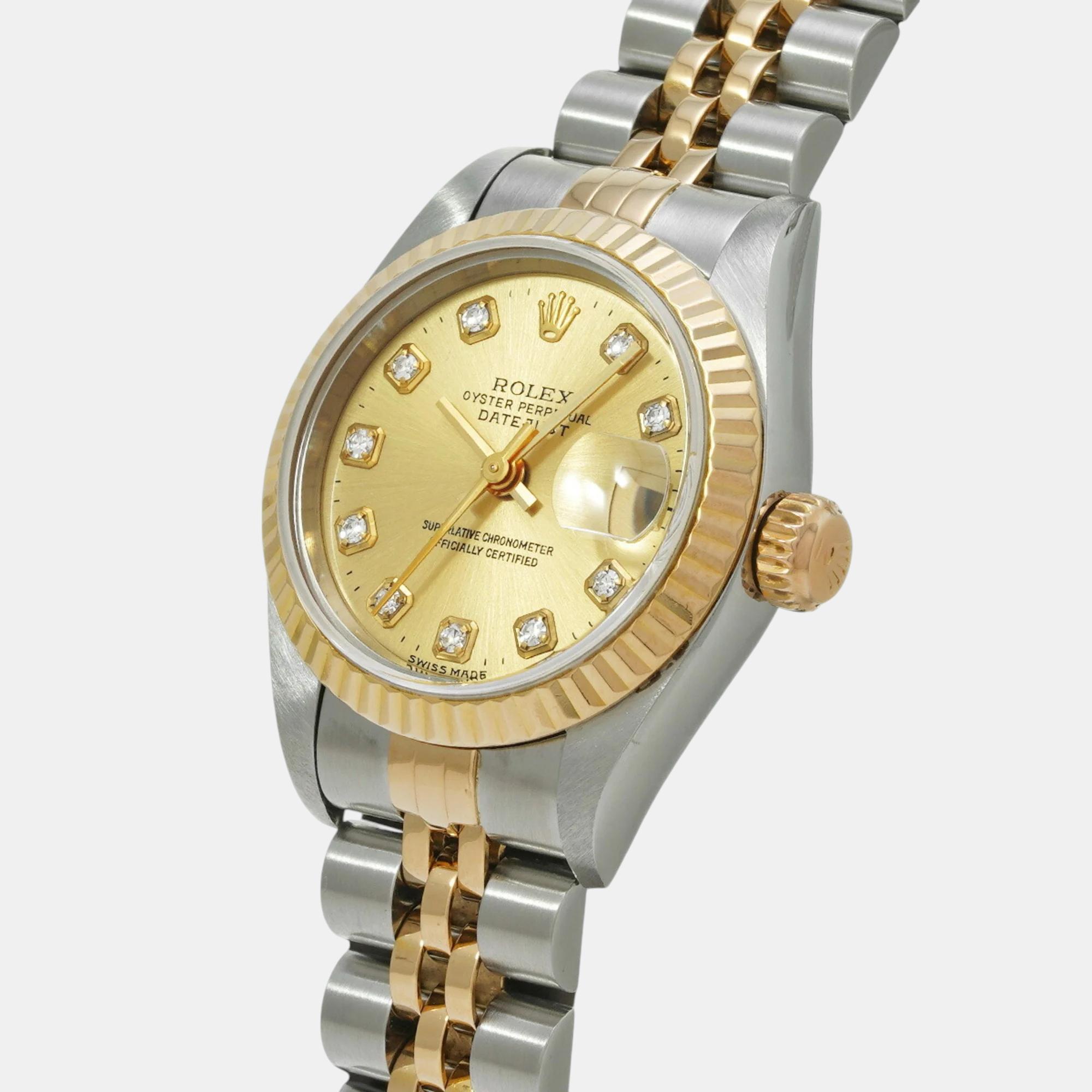 Rolex Champagne Diamond 18k Yellow Gold Stainless Steel Datejust 69173 Automatic Women's Wristwatch 26 Mm