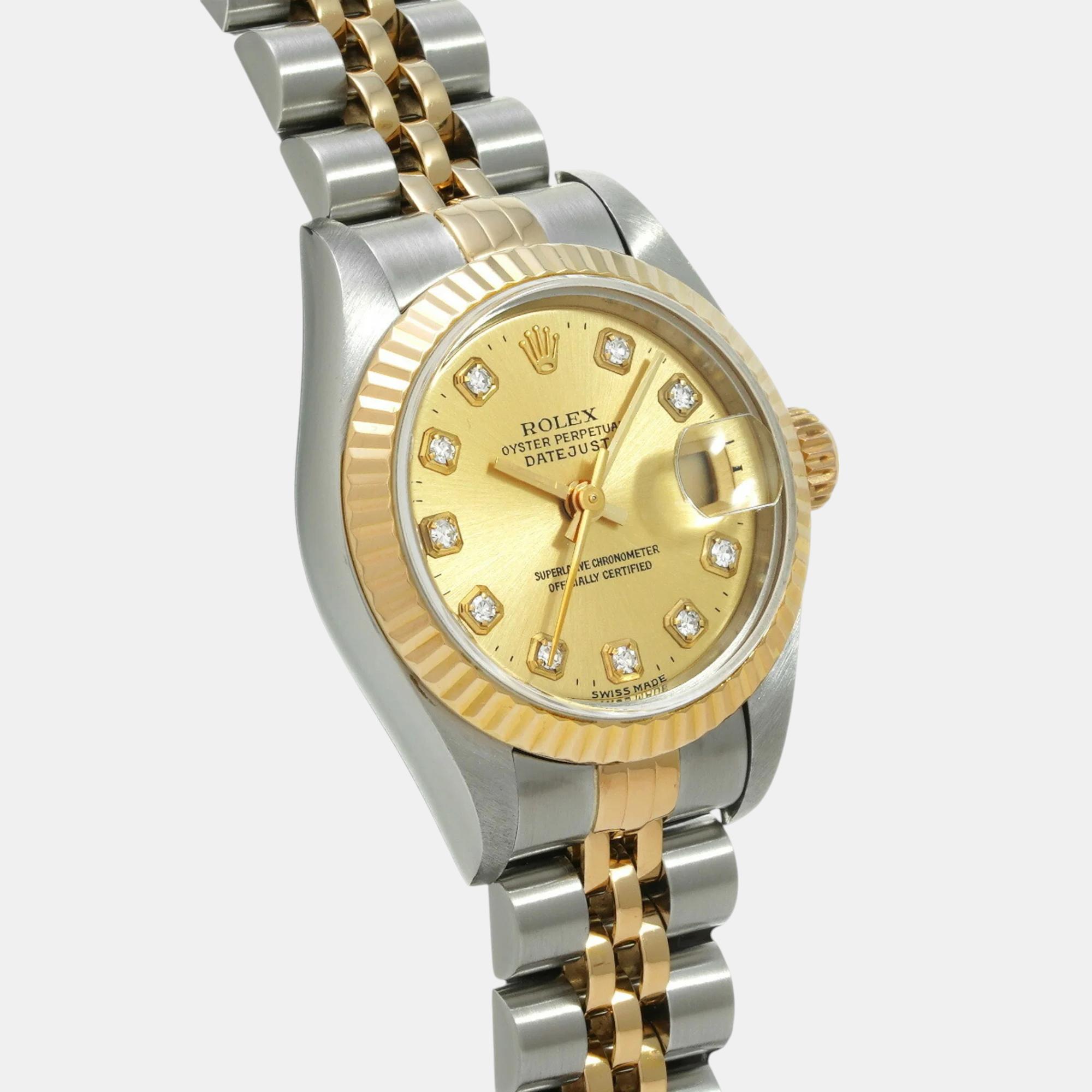 Rolex Champagne Diamond 18k Yellow Gold Stainless Steel Datejust 69173 Automatic Women's Wristwatch 26 Mm