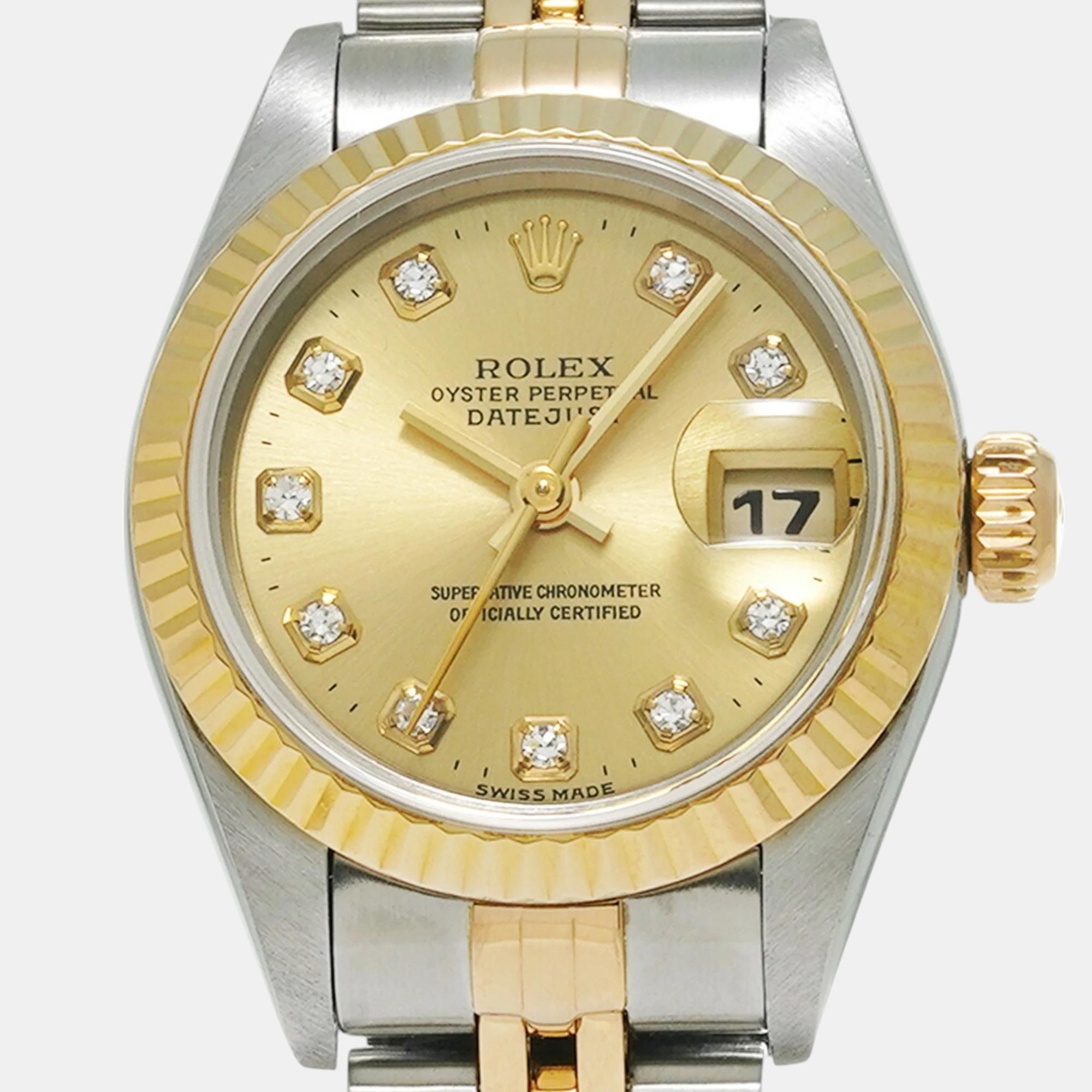 Rolex Champagne Diamond 18k Yellow Gold Stainless Steel Datejust 69173 Automatic Women's Wristwatch 26 Mm