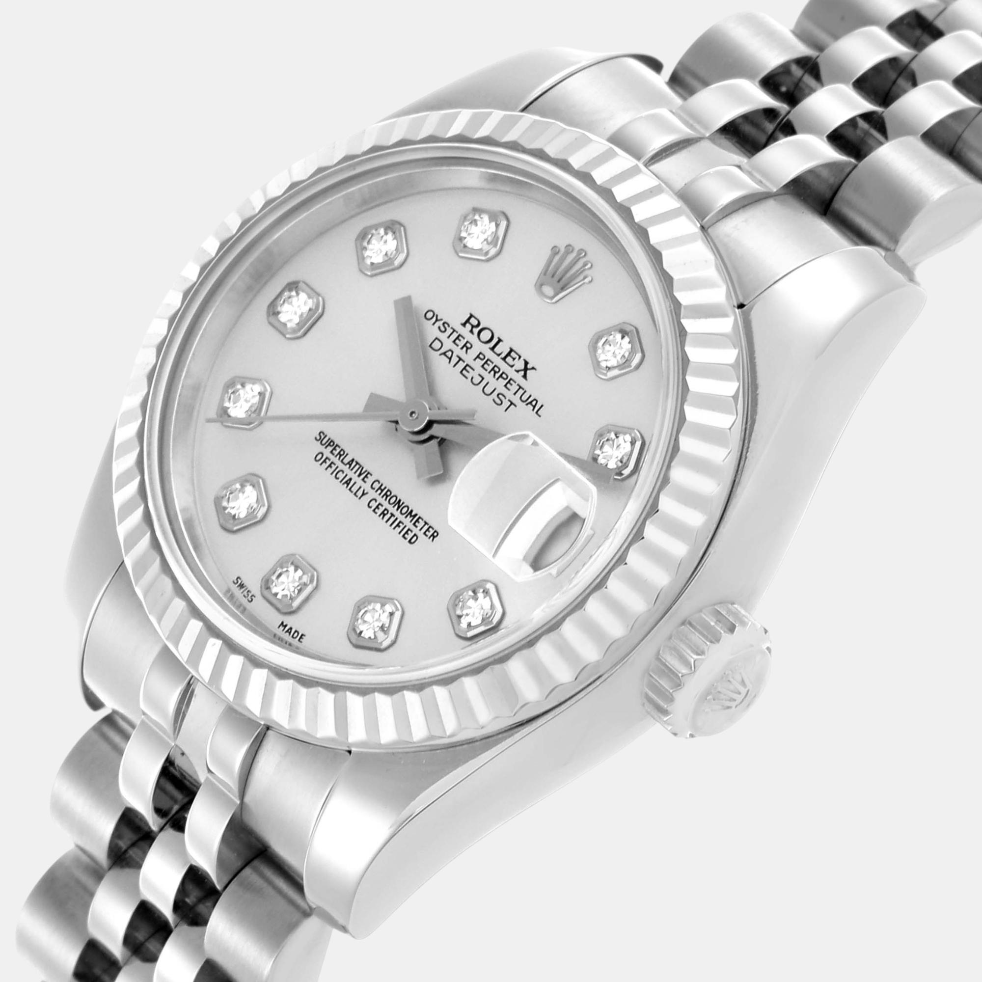 Rolex Datejust Steel White Gold Silver Diamond Dial Ladies Watch 179174 26 Mm