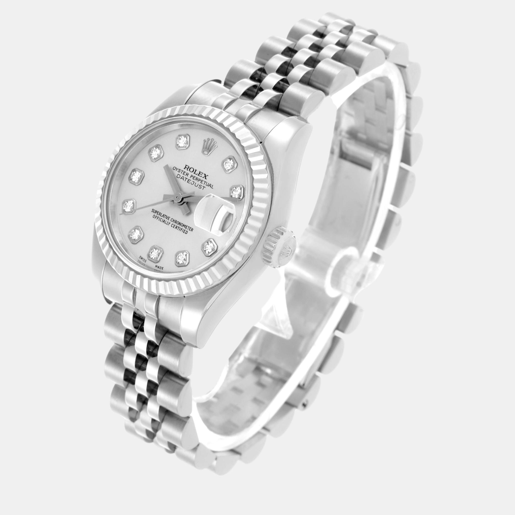 Rolex Datejust Steel White Gold Silver Diamond Dial Ladies Watch 179174 26 Mm