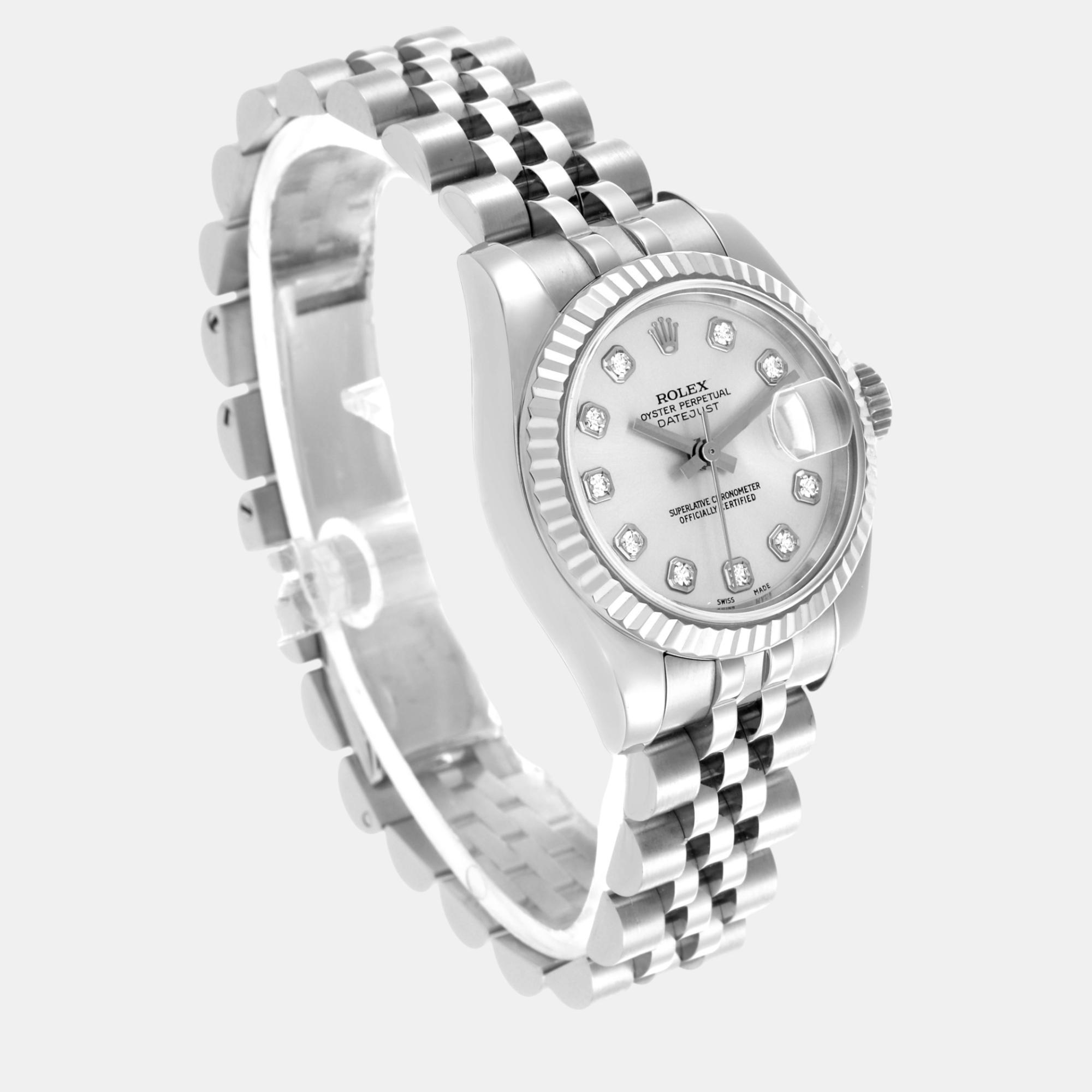 Rolex Datejust Steel White Gold Silver Diamond Dial Ladies Watch 179174 26 Mm