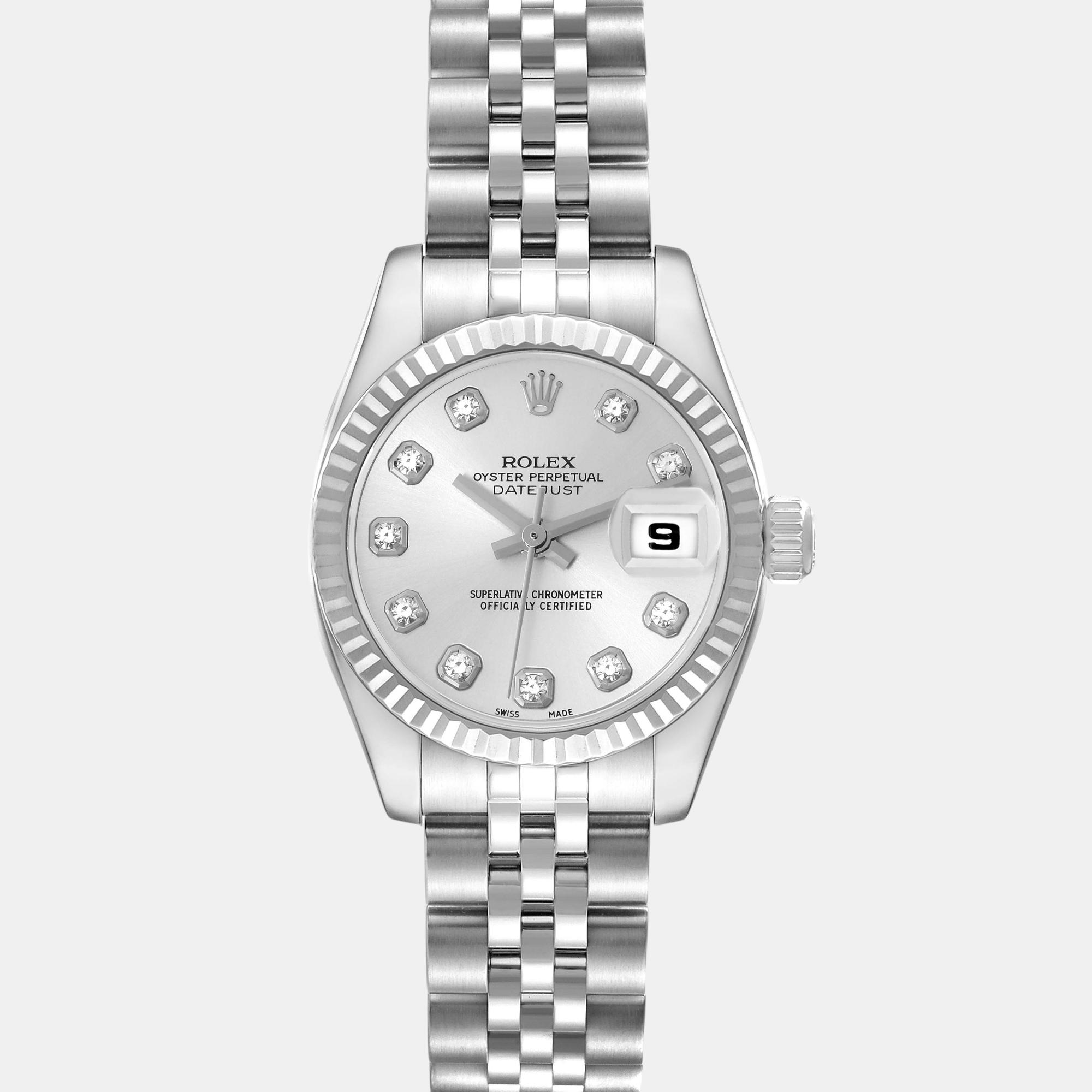 Rolex Datejust Steel White Gold Silver Diamond Dial Ladies Watch 179174 26 Mm