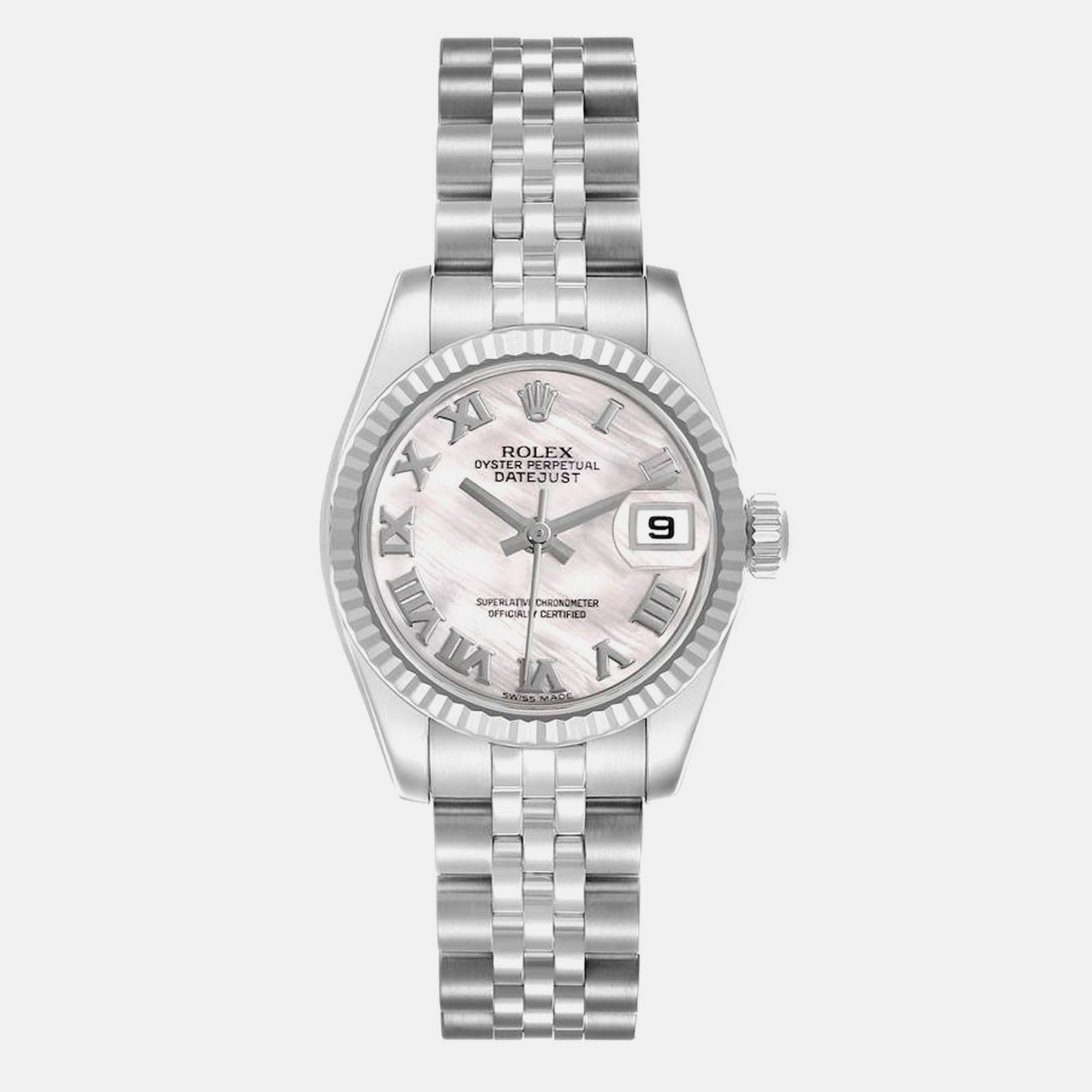 Rolex Datejust Steel White Gold Mother Of Pearl Roman Dial Ladies Watch 179174